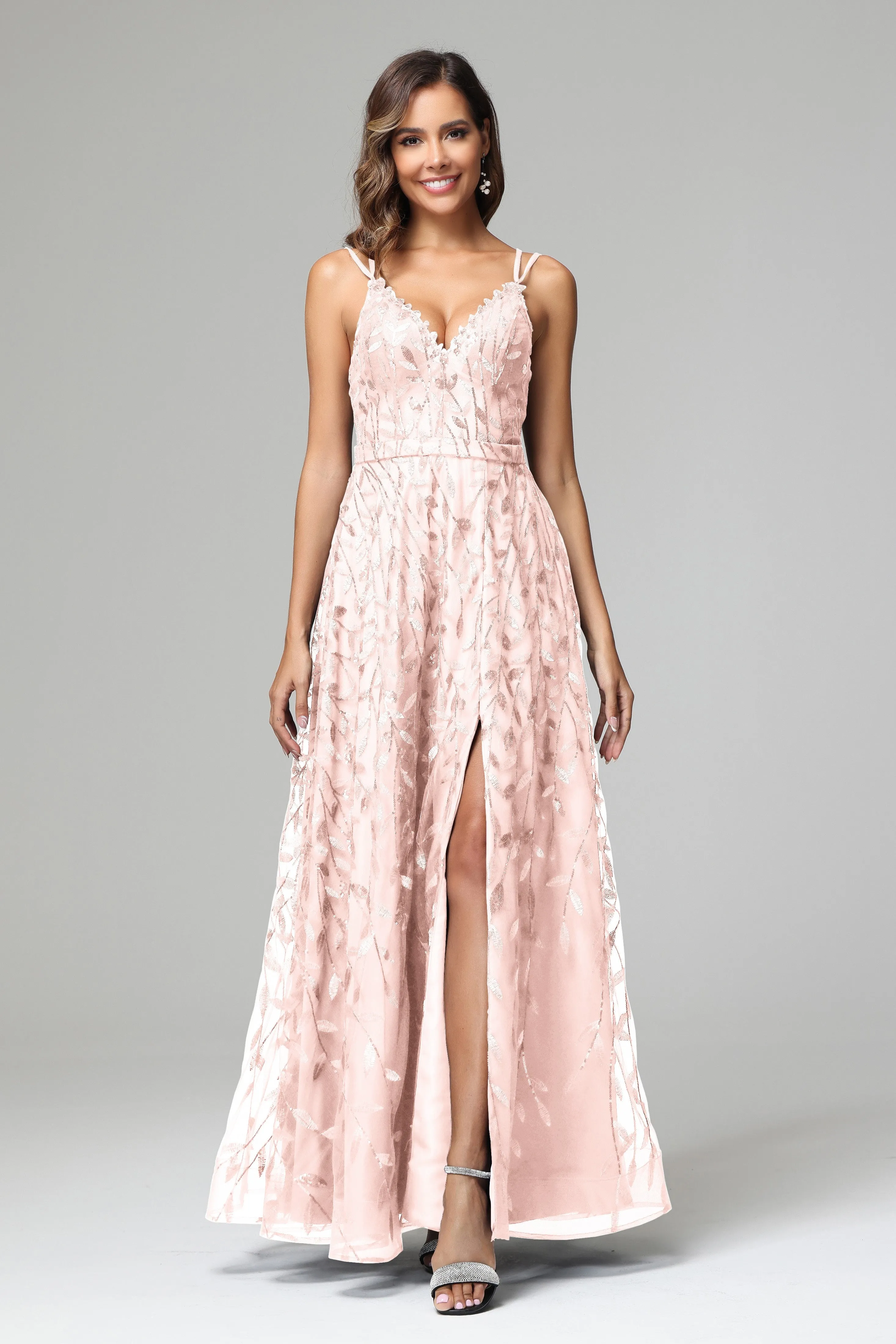 A-line Dark Navy Spaghetti Straps V-neck Lace Wedding Guest Dresses