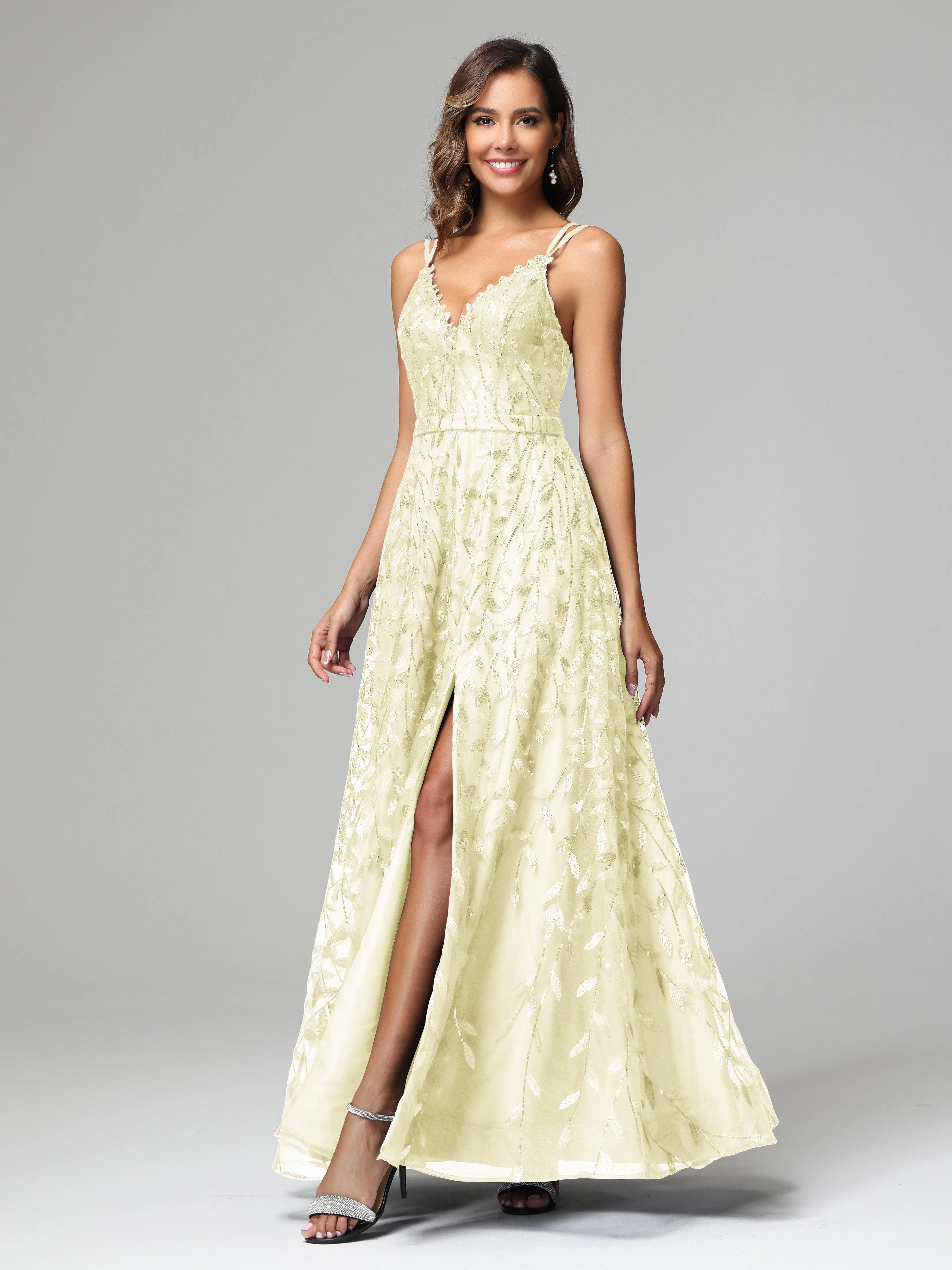 A-line Dark Navy Spaghetti Straps V-neck Lace Wedding Guest Dresses