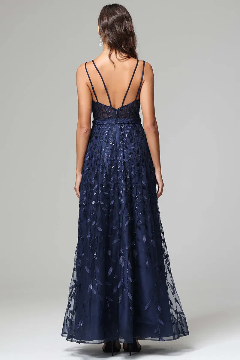 A-line Dark Navy Spaghetti Straps V-neck Lace Wedding Guest Dresses