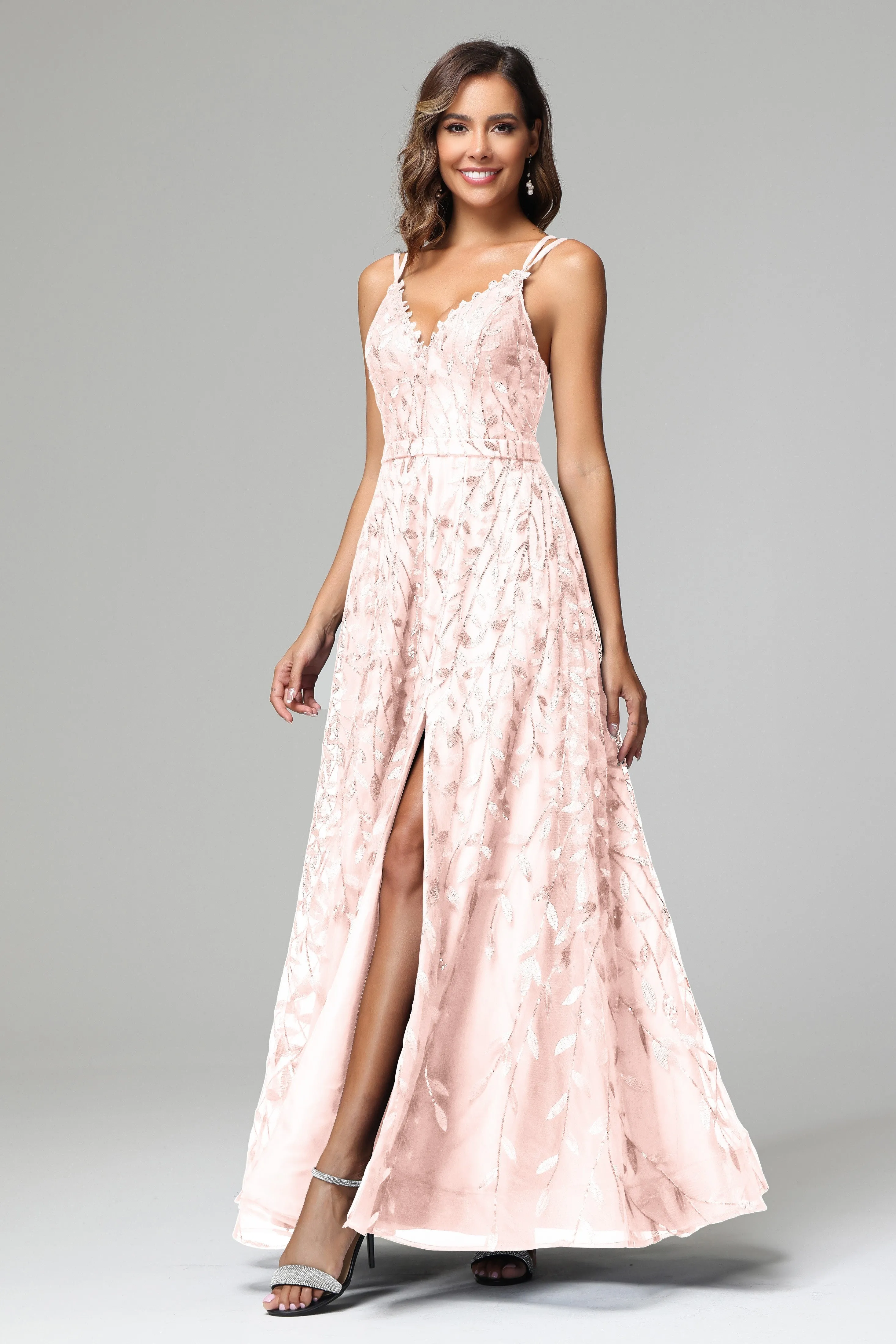 A-line Dark Navy Spaghetti Straps V-neck Lace Wedding Guest Dresses