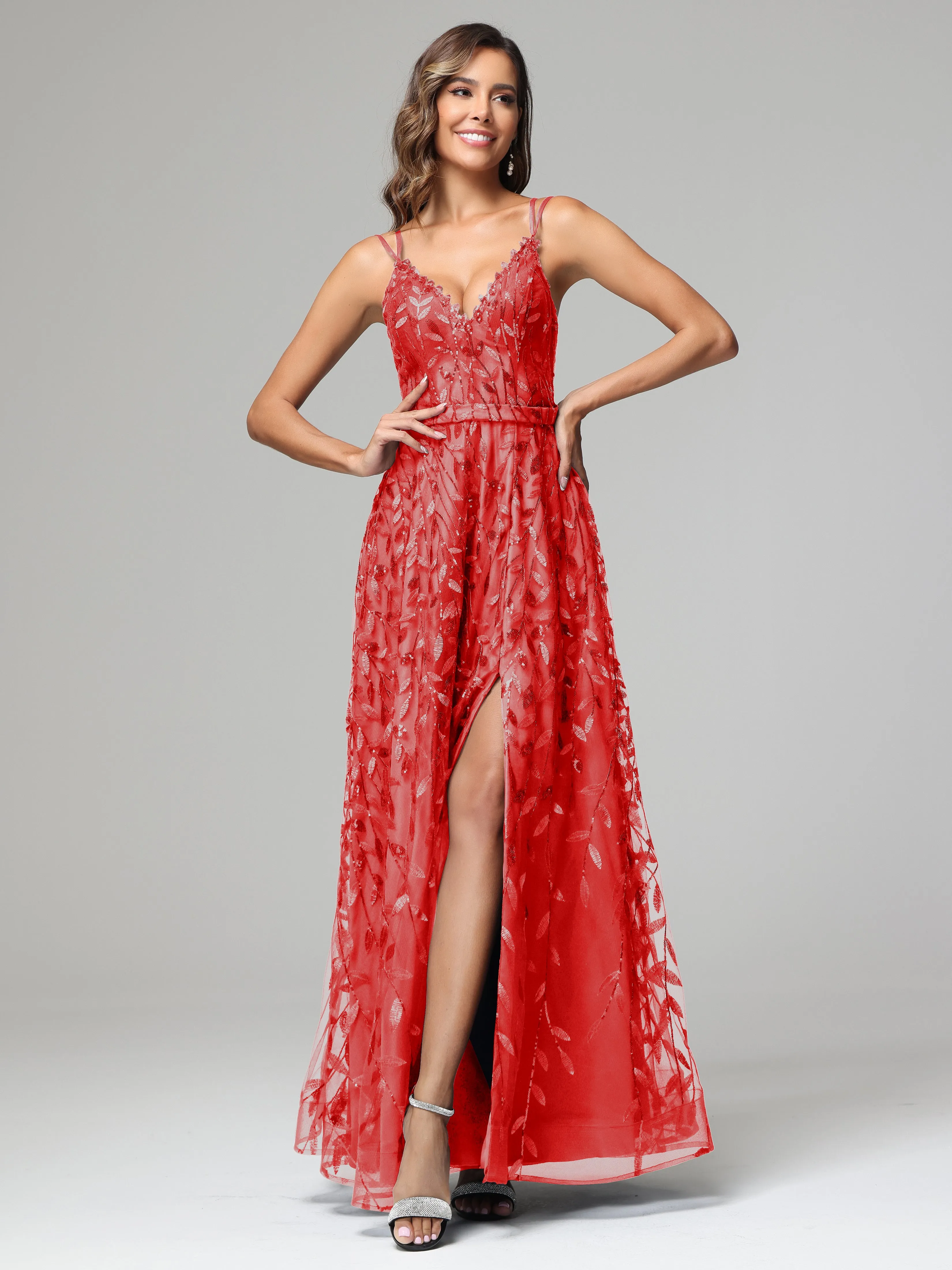 A-line Dark Navy Spaghetti Straps V-neck Lace Wedding Guest Dresses