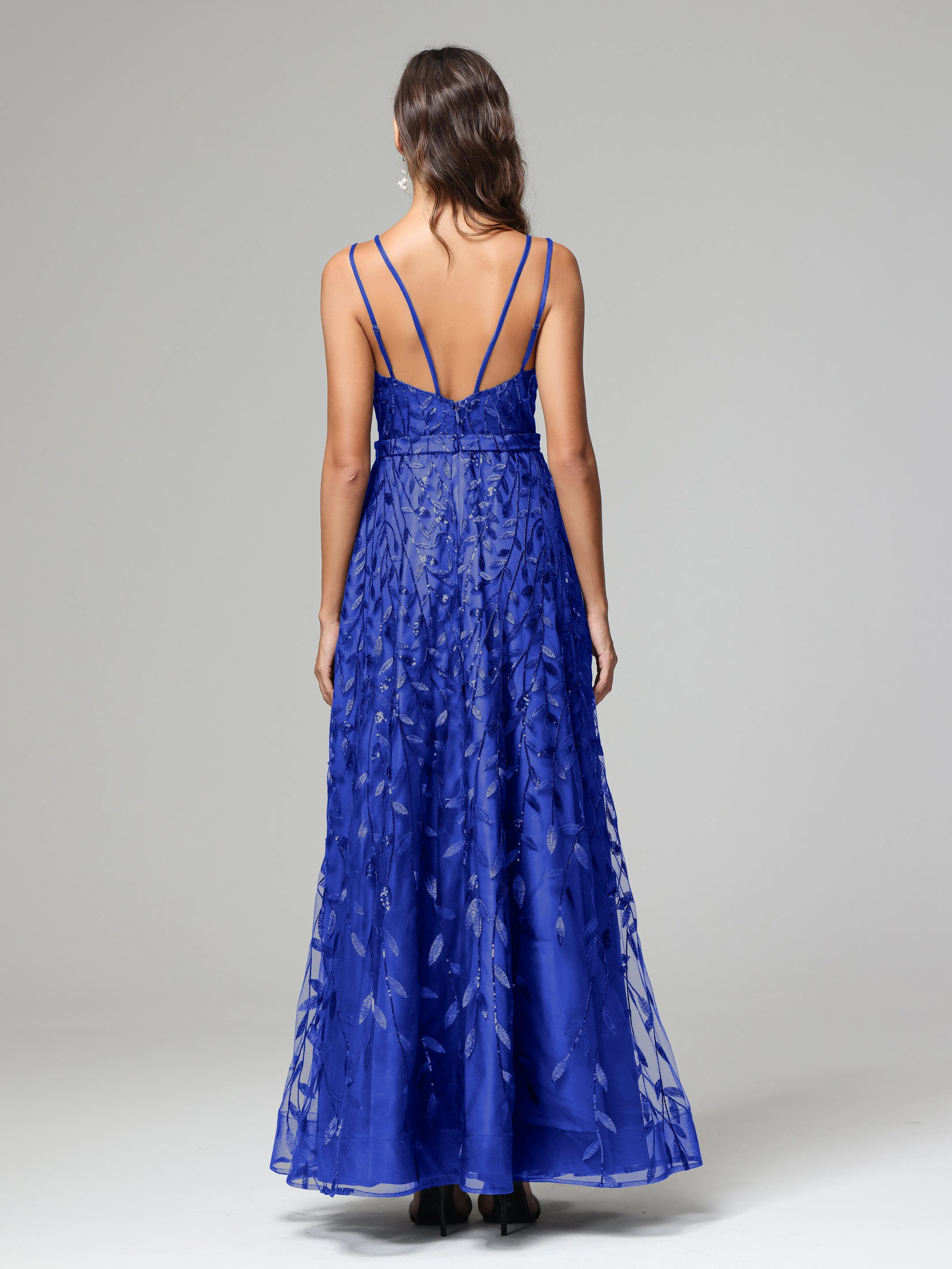 A-line Dark Navy Spaghetti Straps V-neck Lace Wedding Guest Dresses