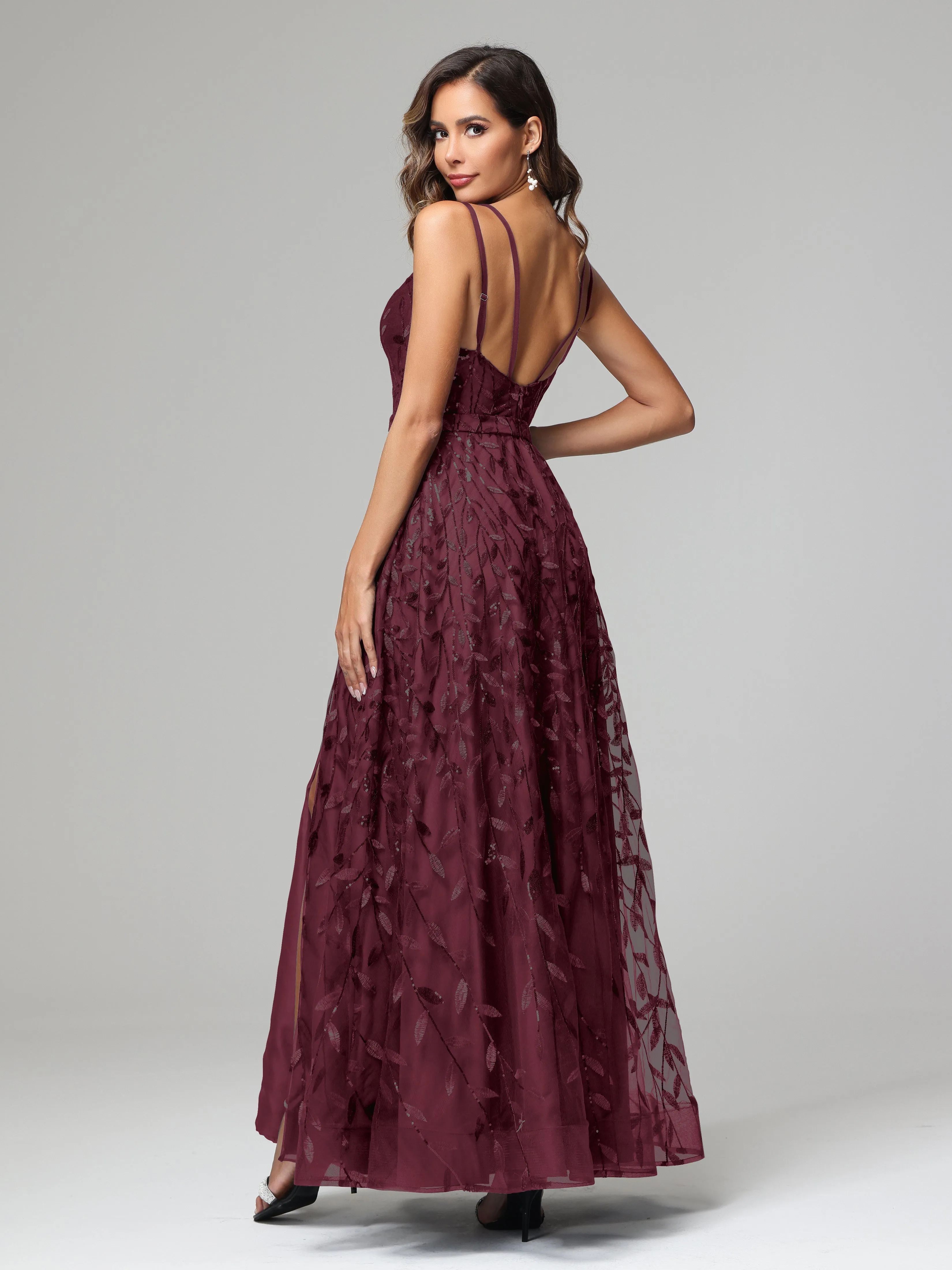 A-line Dark Navy Spaghetti Straps V-neck Lace Wedding Guest Dresses