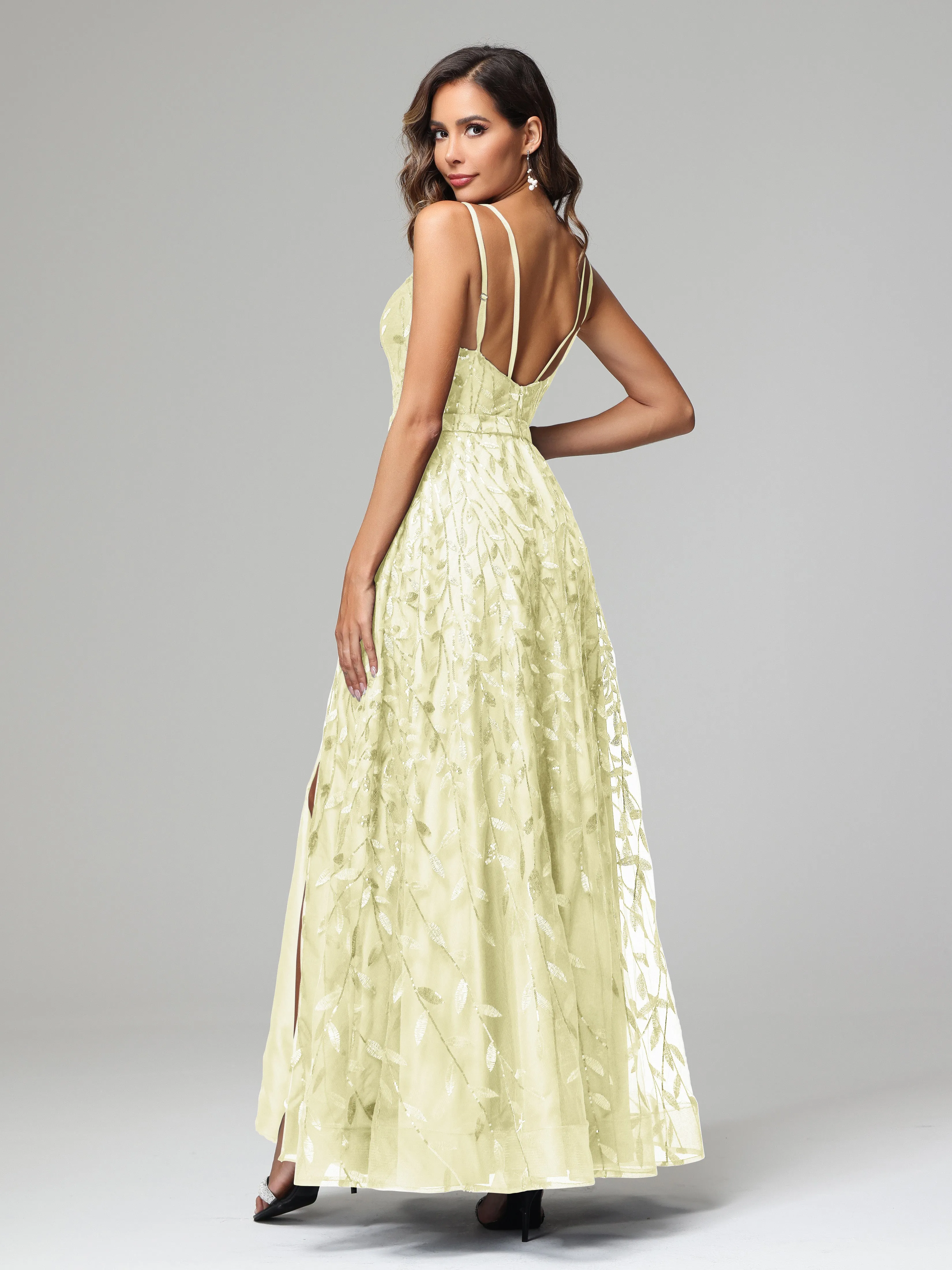 A-line Dark Navy Spaghetti Straps V-neck Lace Wedding Guest Dresses