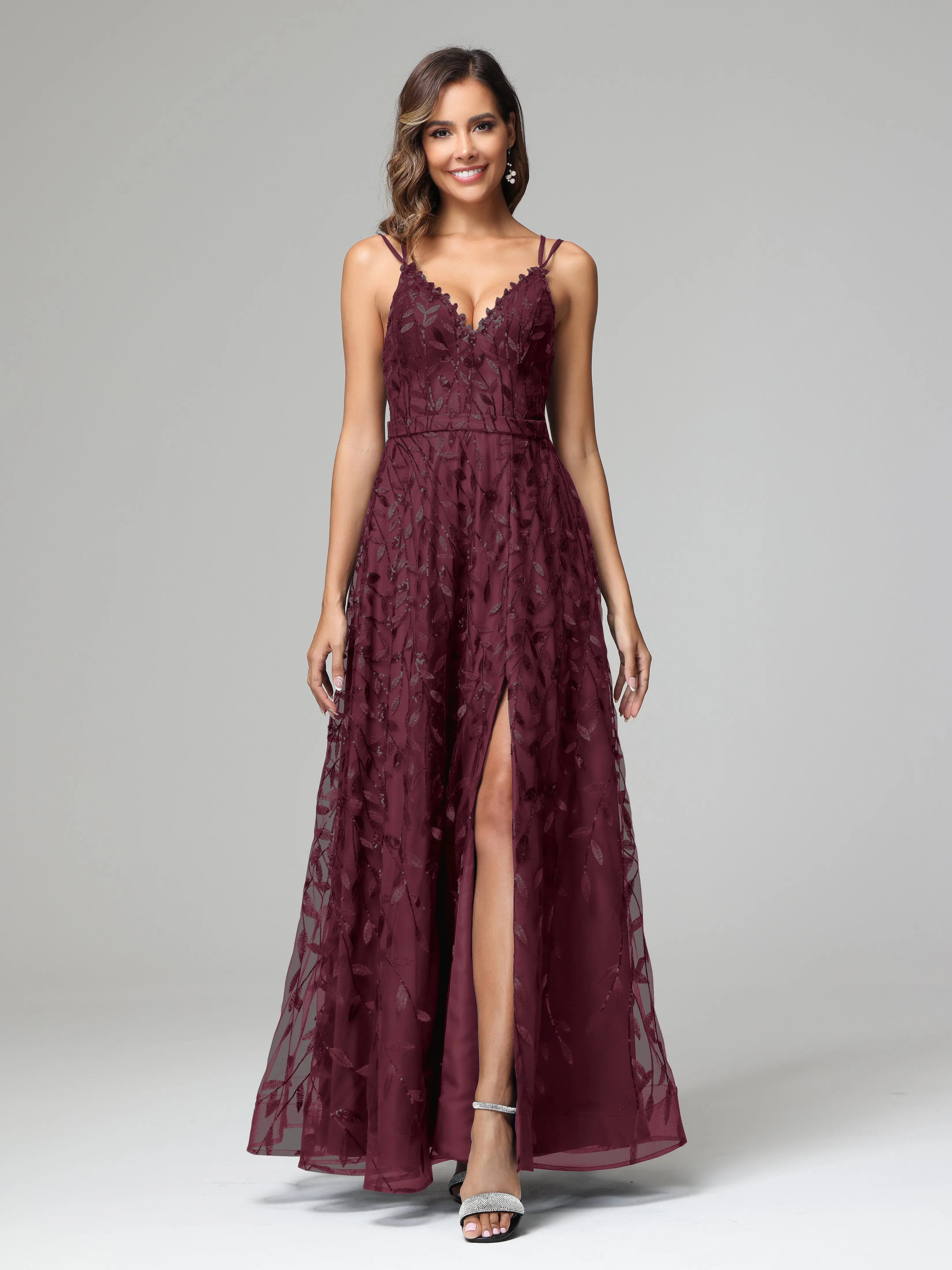 A-line Dark Navy Spaghetti Straps V-neck Lace Wedding Guest Dresses