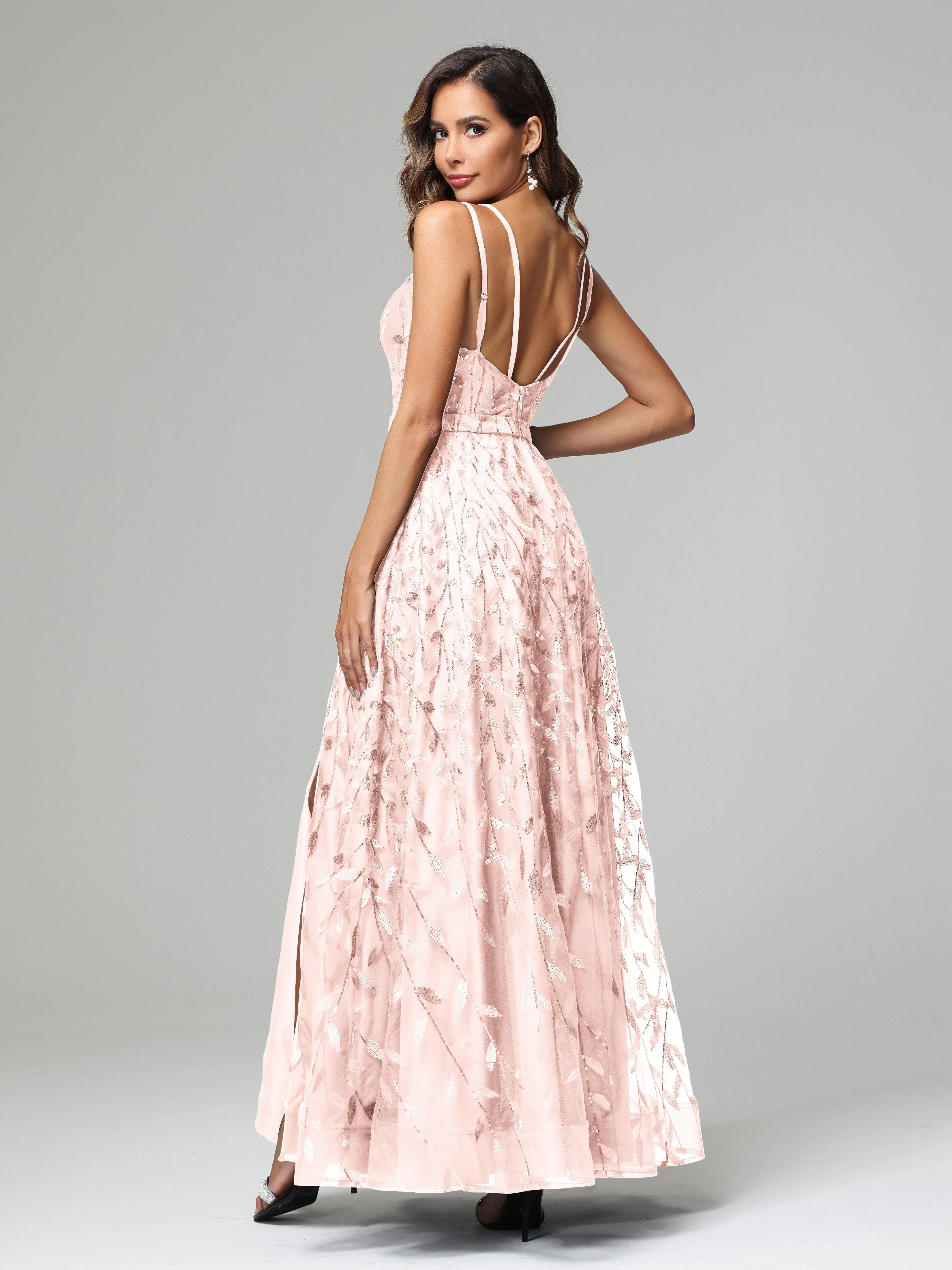 A-line Dark Navy Spaghetti Straps V-neck Lace Wedding Guest Dresses