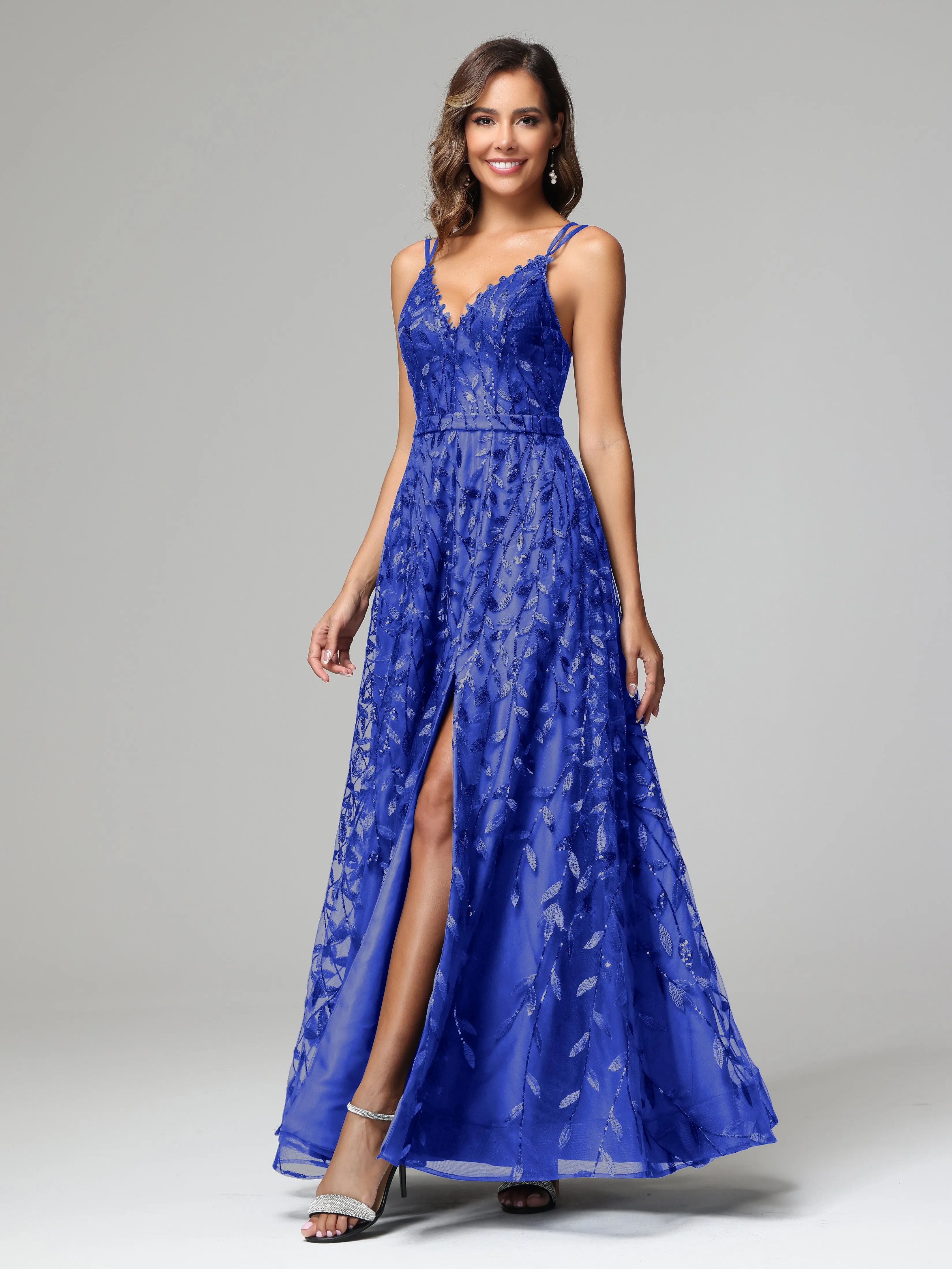 A-line Dark Navy Spaghetti Straps V-neck Lace Wedding Guest Dresses