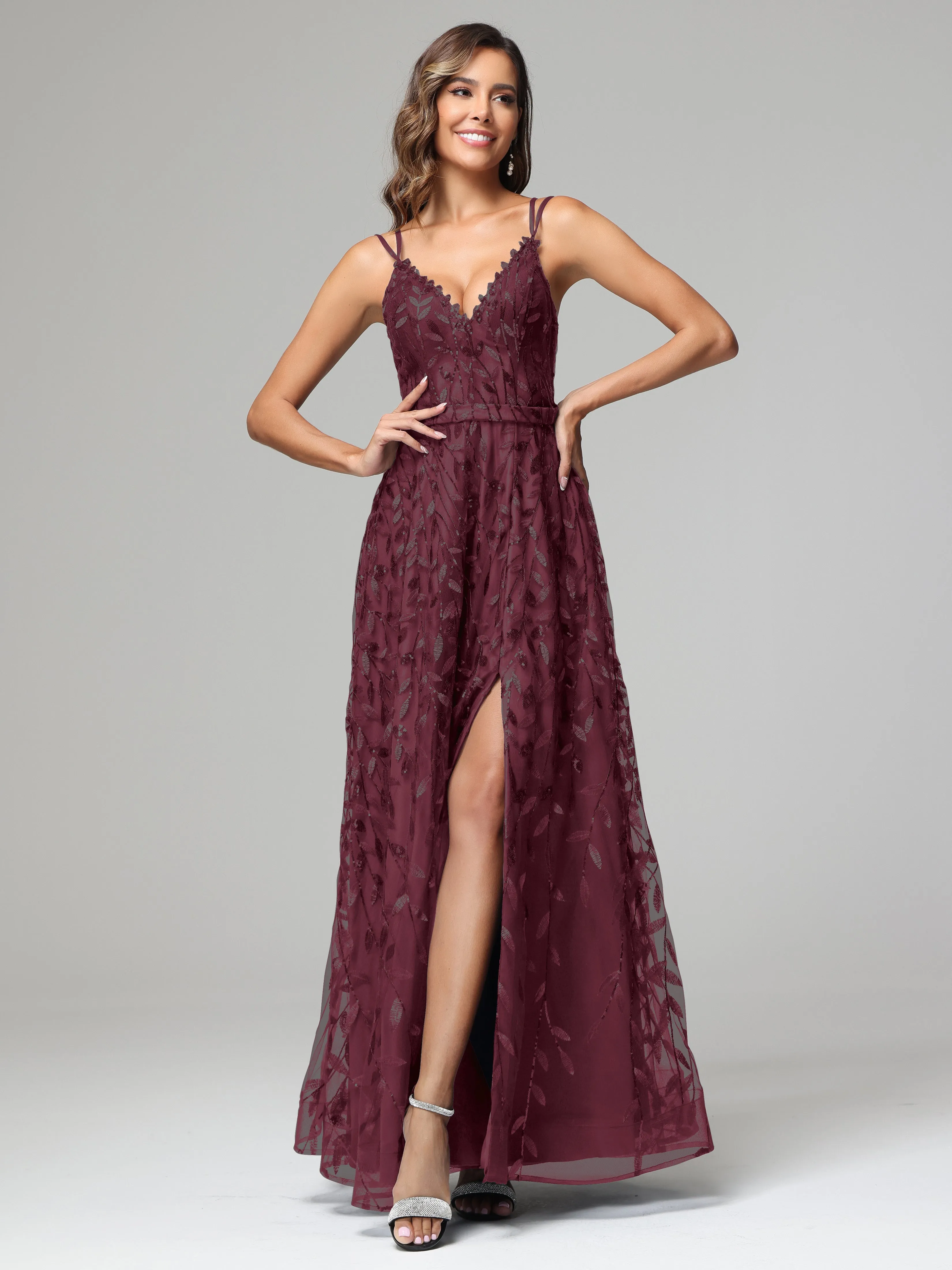 A-line Dark Navy Spaghetti Straps V-neck Lace Wedding Guest Dresses