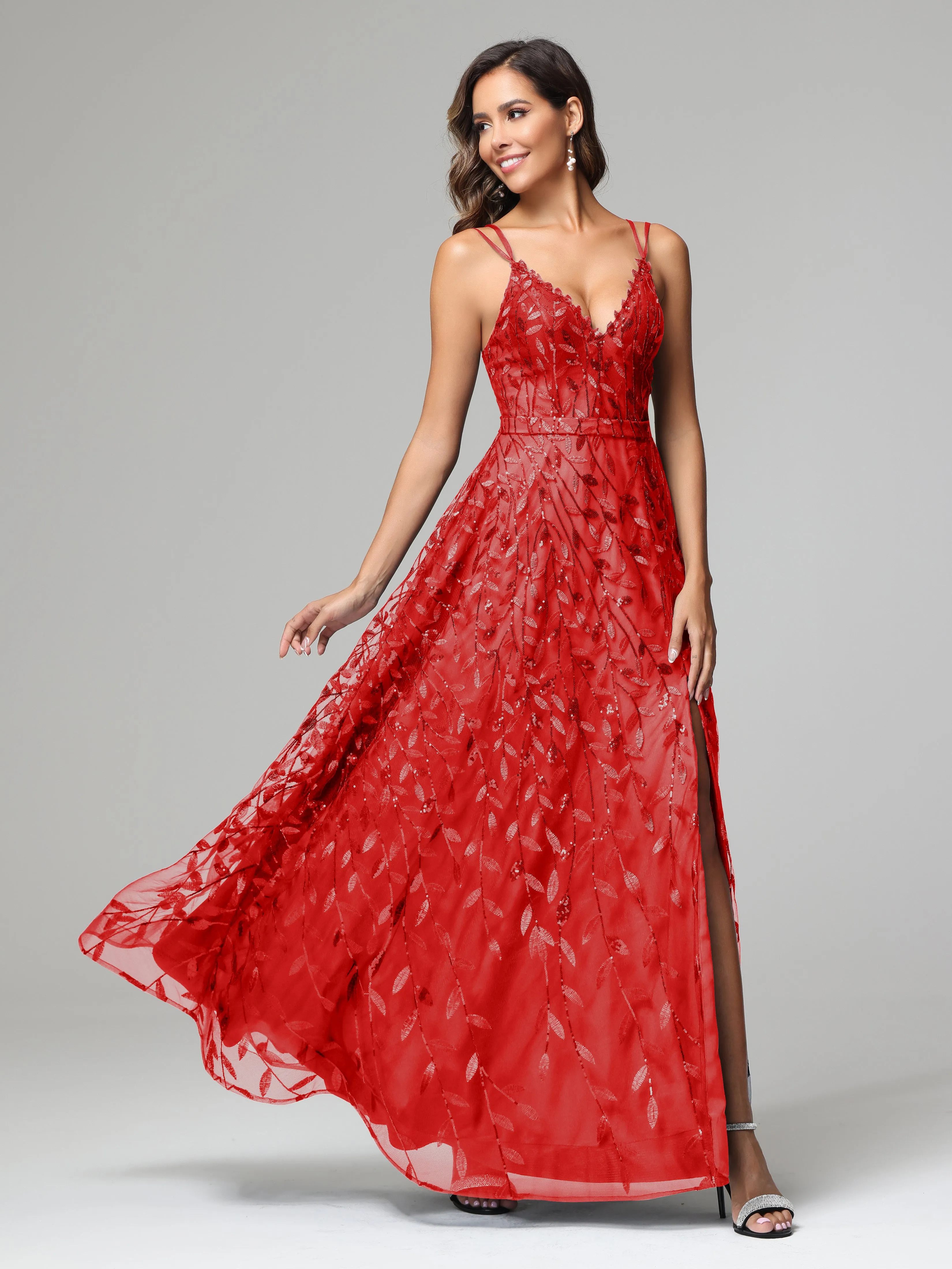 A-line Dark Navy Spaghetti Straps V-neck Lace Wedding Guest Dresses