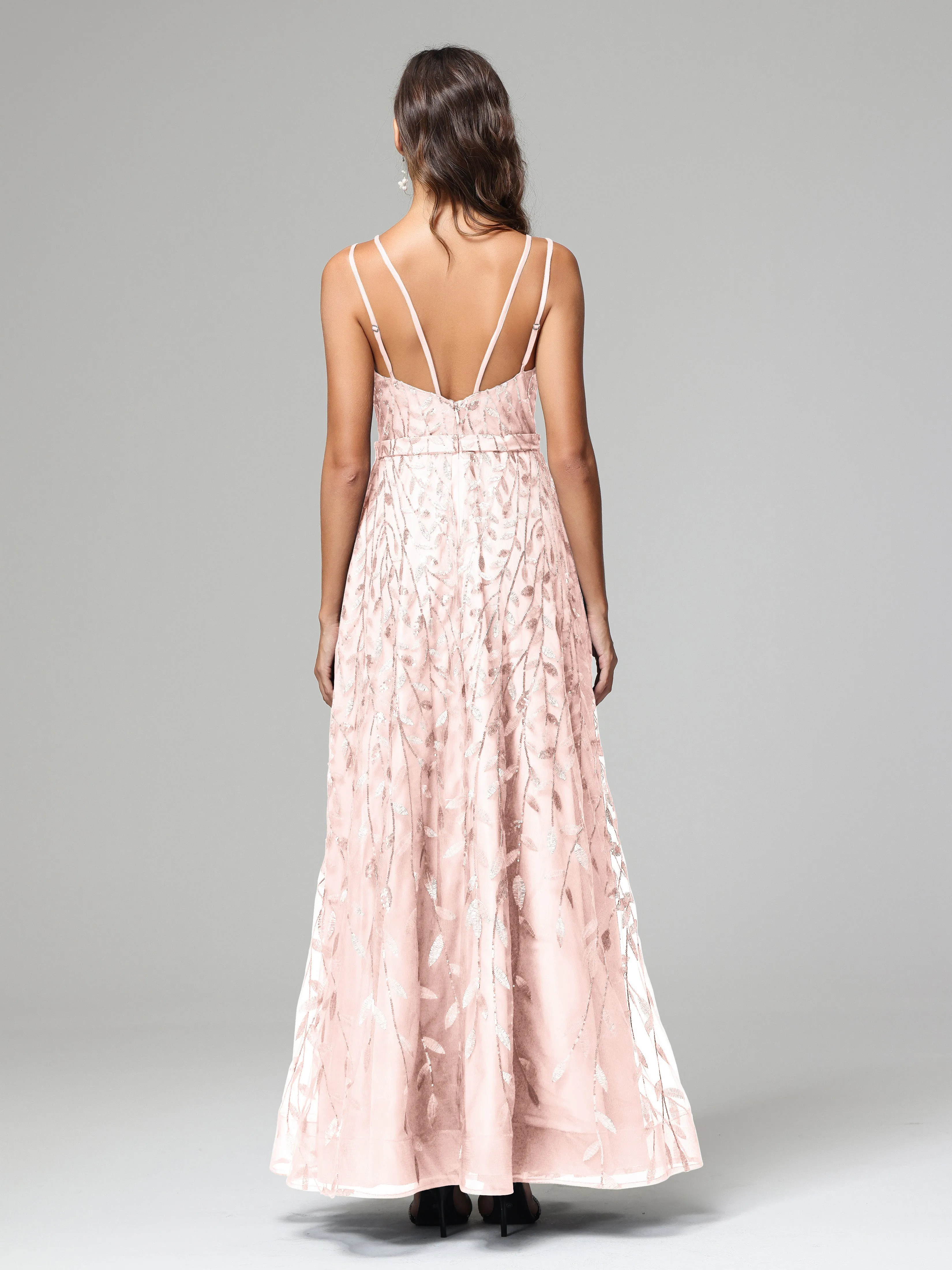 A-line Dark Navy Spaghetti Straps V-neck Lace Wedding Guest Dresses