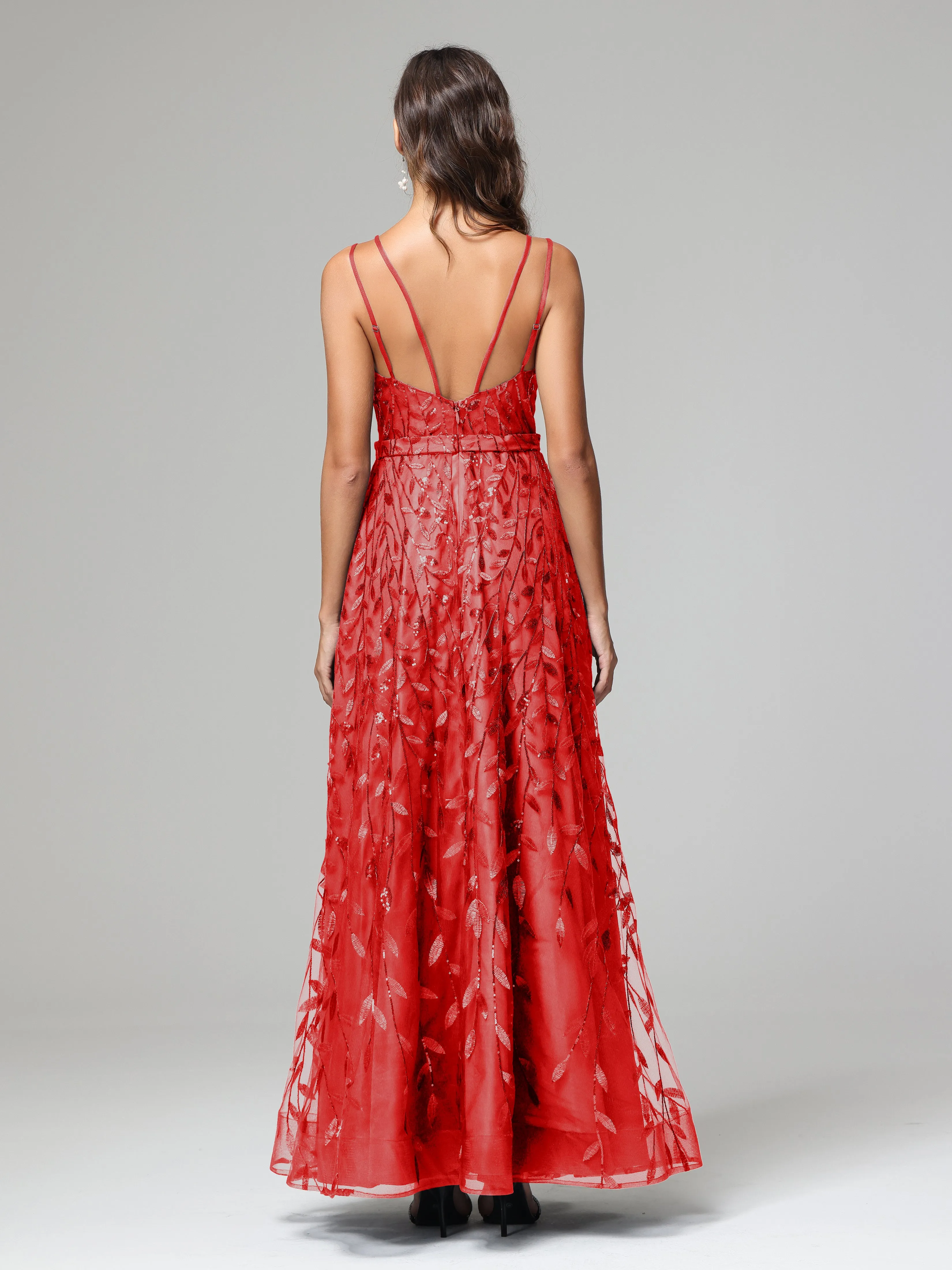 A-line Dark Navy Spaghetti Straps V-neck Lace Wedding Guest Dresses
