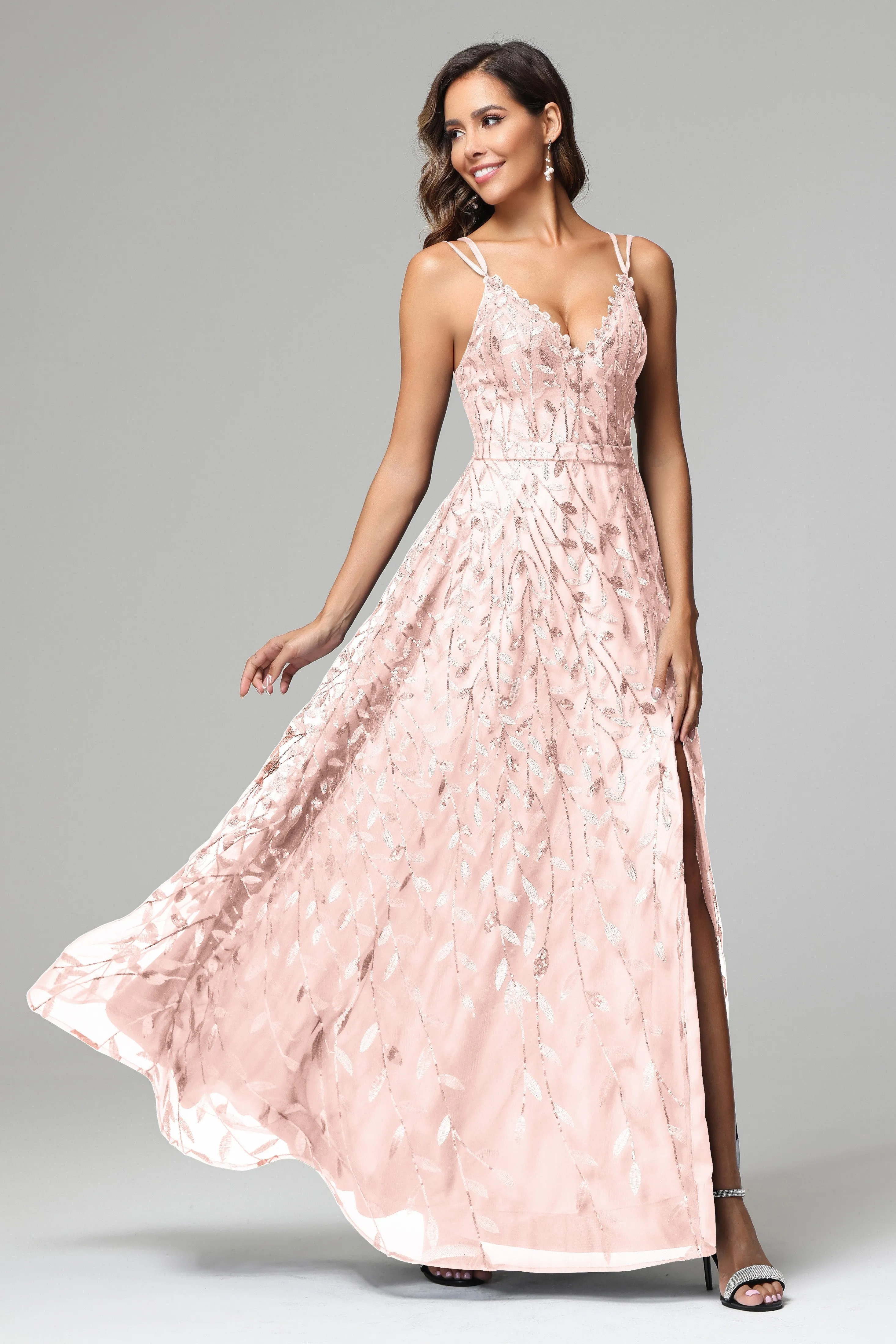 A-line Dark Navy Spaghetti Straps V-neck Lace Wedding Guest Dresses