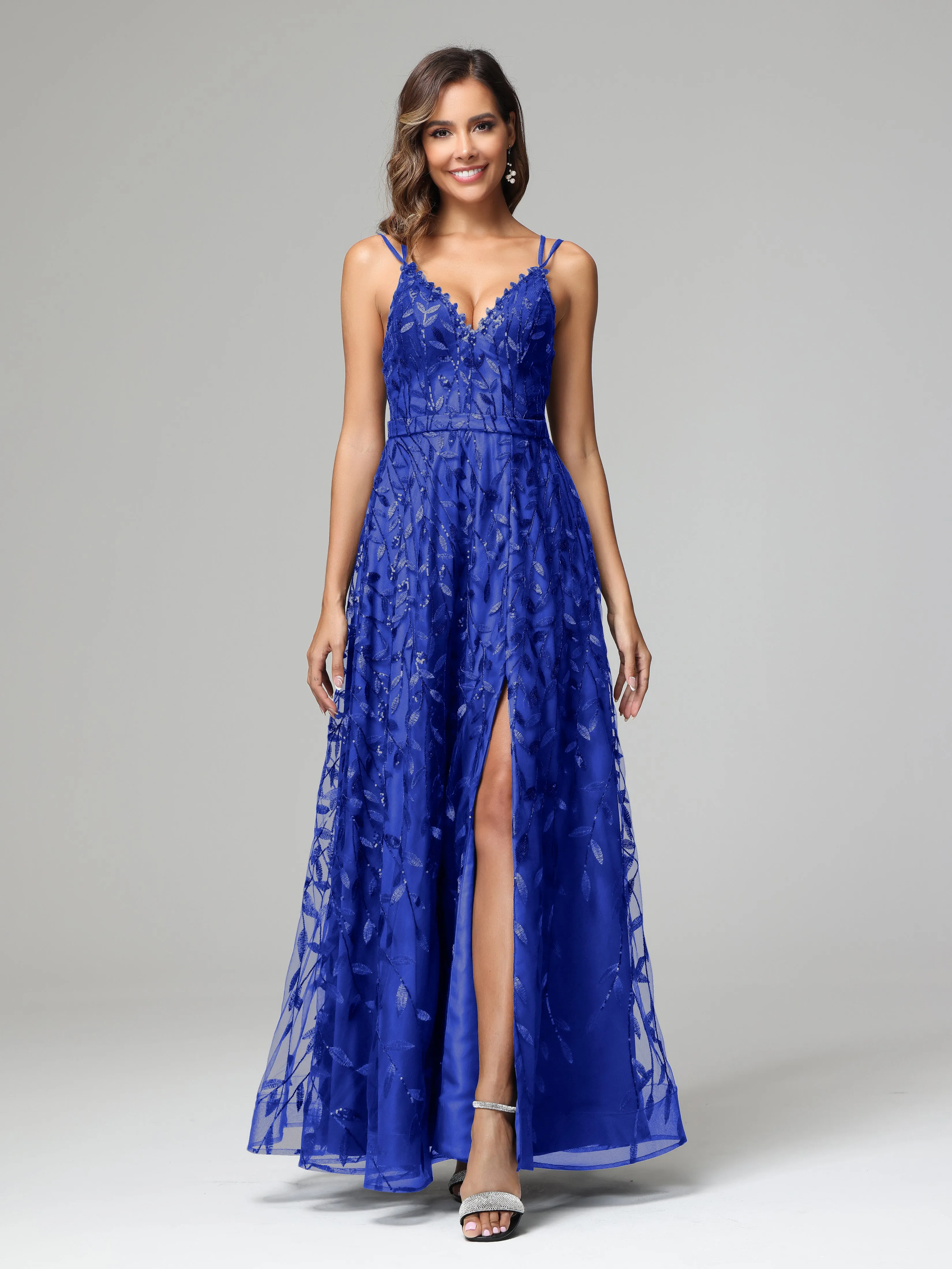 A-line Dark Navy Spaghetti Straps V-neck Lace Wedding Guest Dresses