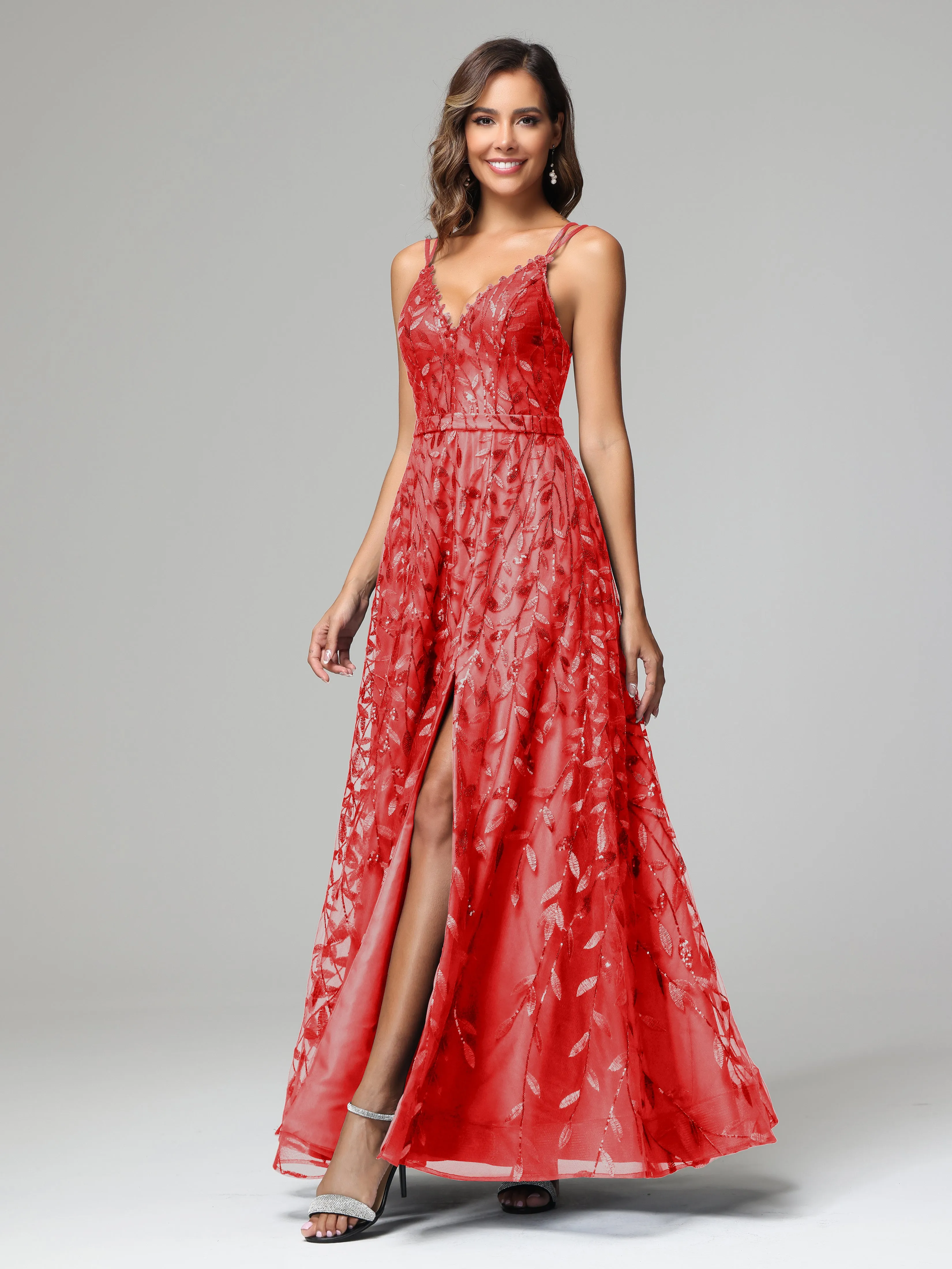 A-line Dark Navy Spaghetti Straps V-neck Lace Wedding Guest Dresses