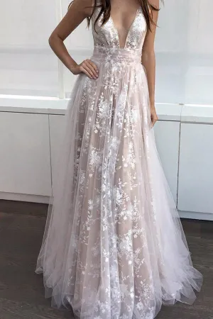 A-Line Deep V-Neck Floor-length Sleeveless Tulle Prom Dress Evening Dress PG403