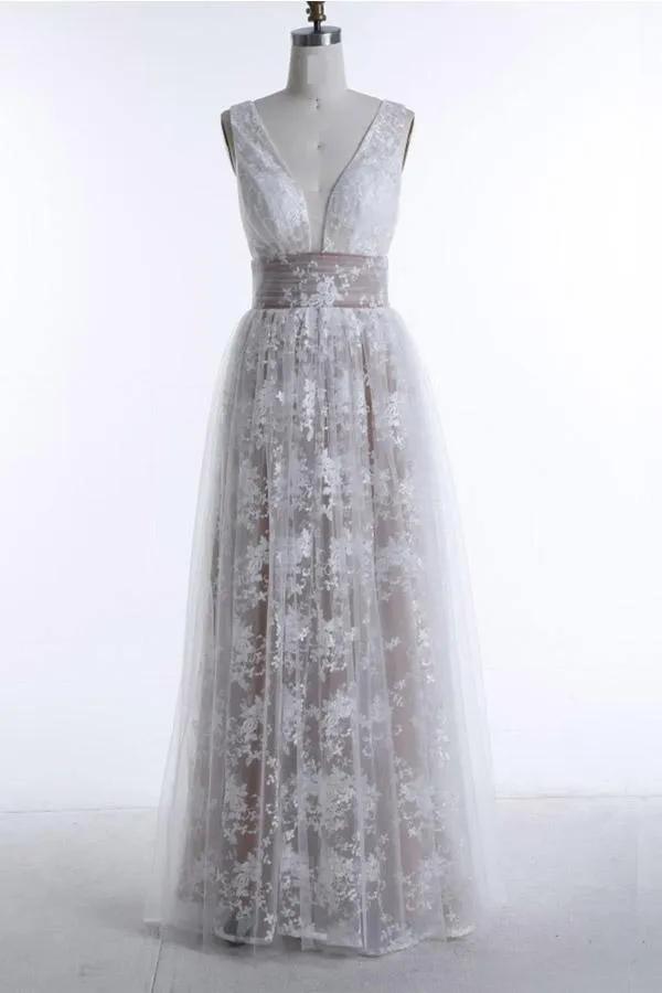 A-Line Deep V-Neck Floor-length Sleeveless Tulle Prom Dress Evening Dress PG403