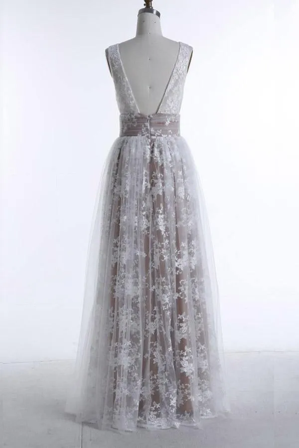 A-Line Deep V-Neck Floor-length Sleeveless Tulle Prom Dress Evening Dress PG403
