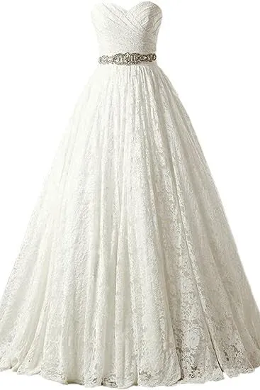 A-line Sweetheart Floor Length Lace Wedding Dresses Bridal Gown