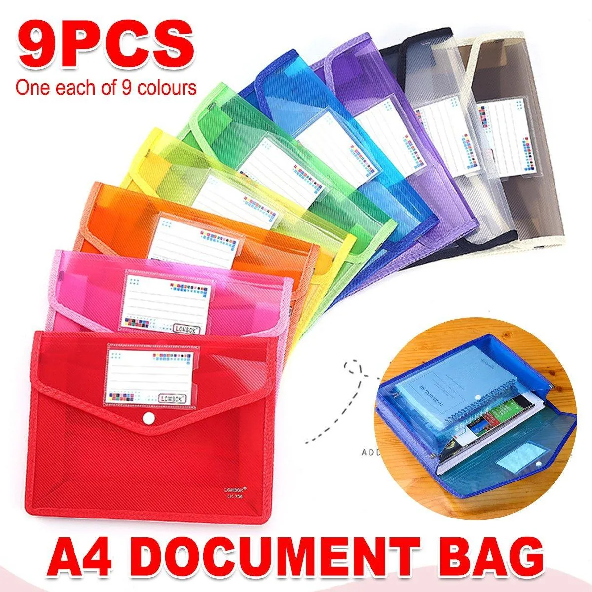 A4 Document Bag Plastic Clear Wallet Seal File Folder Paper Envelope Button Bag