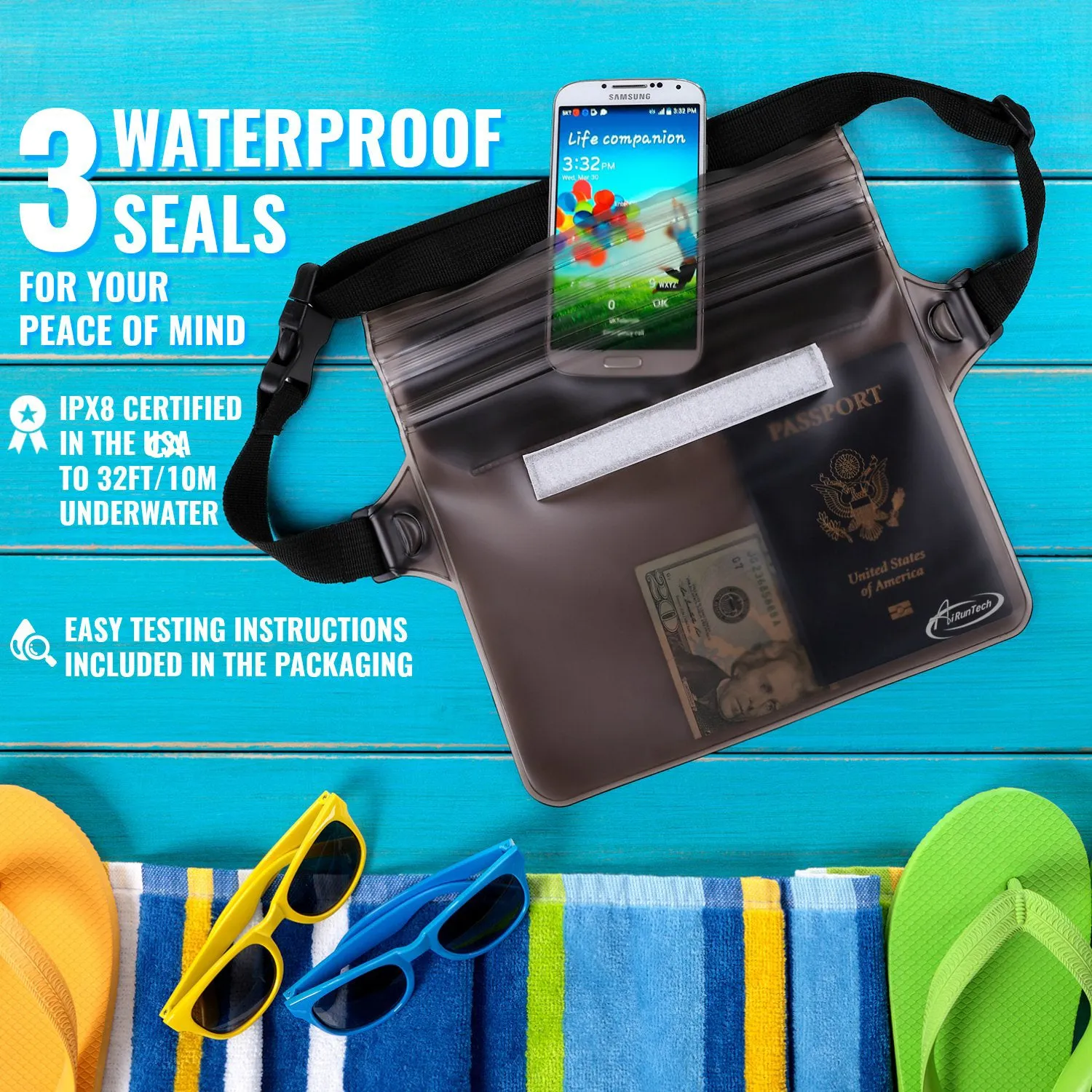 AiRunTech Waterproof Pouch with Waist Strap (2 Pack)