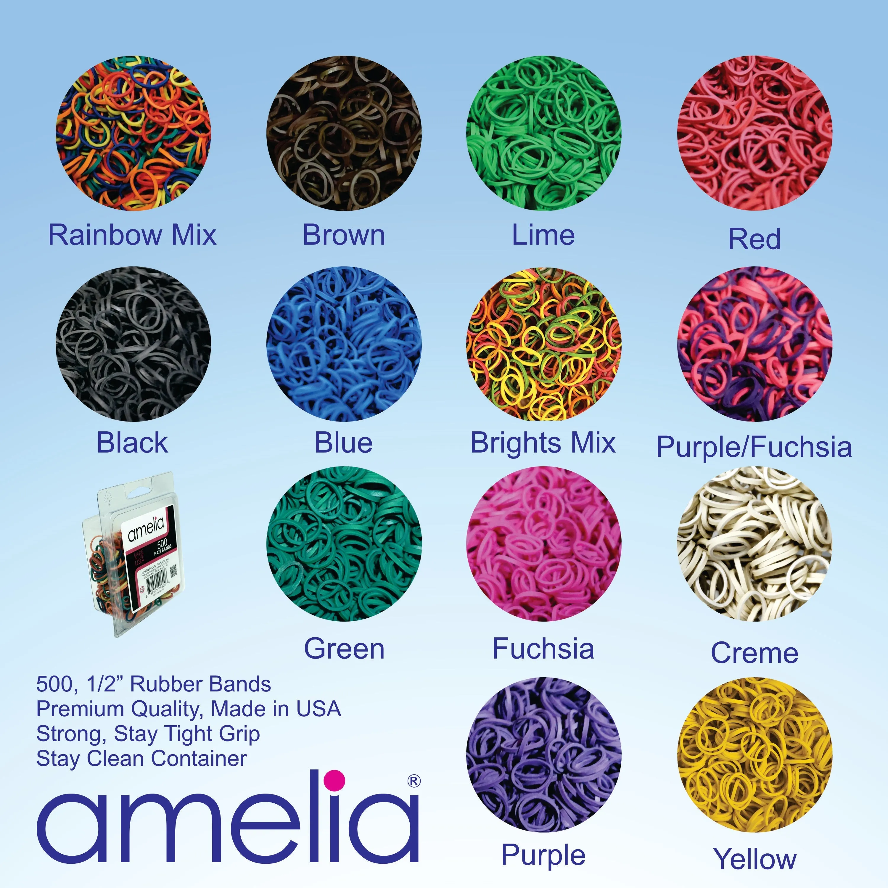 Amelia Beauty | 1/2in, 500ct Elastic Rubber Band Pony Tail Holders | Made in USA | Dozen Pack