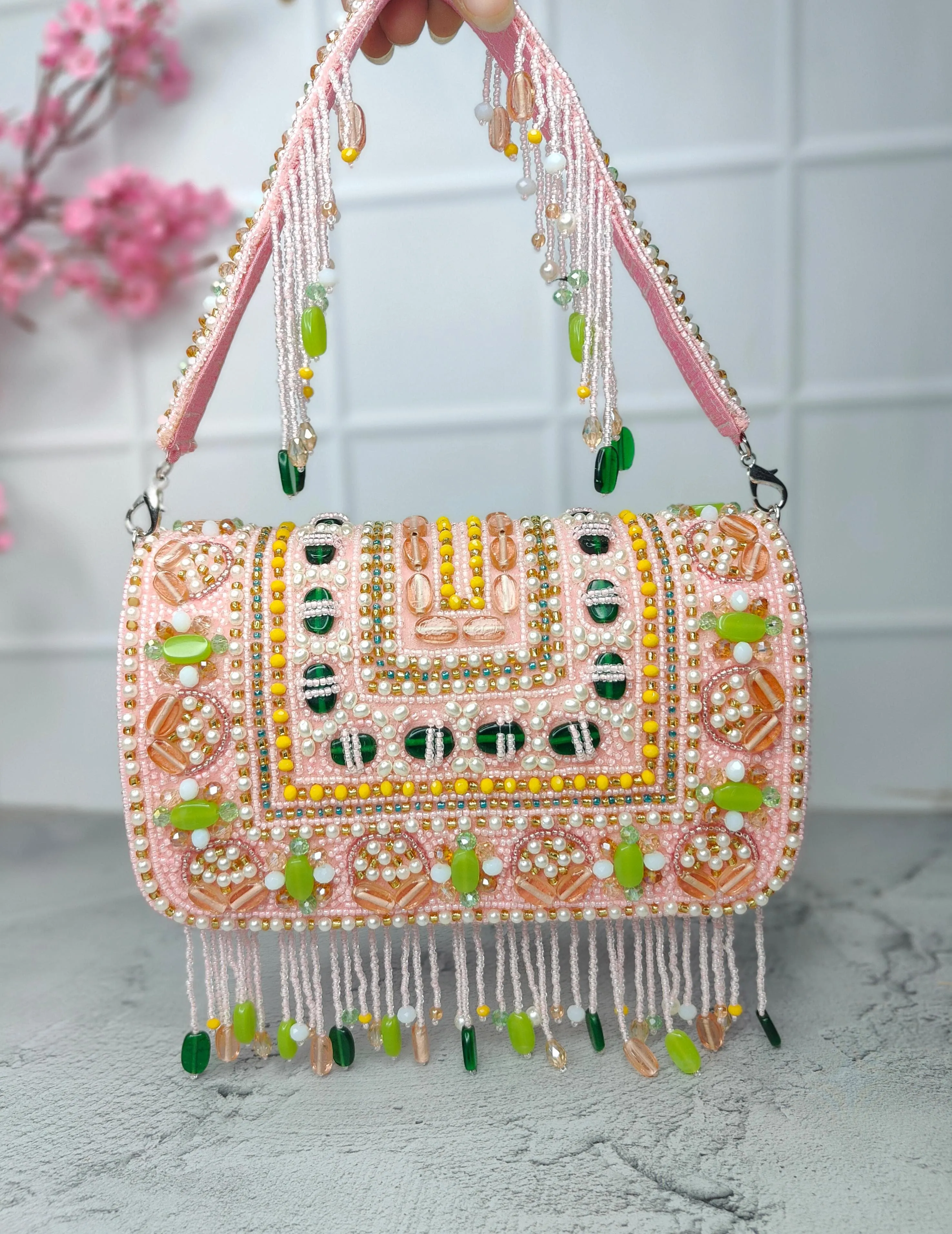 Baby pink beaded flap bags