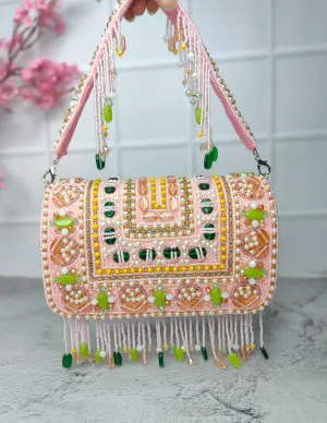 Baby pink beaded flap bags