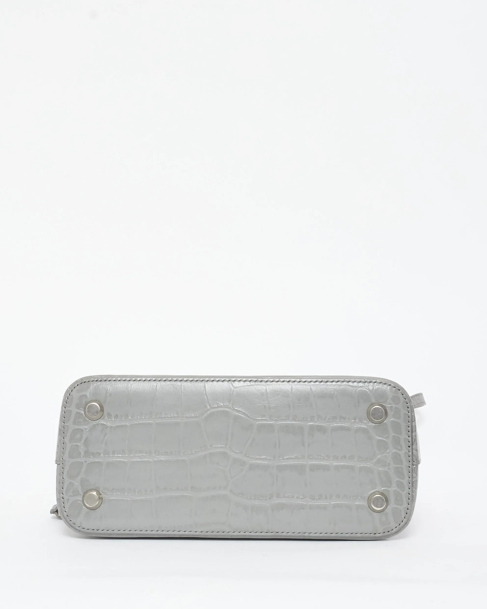 Balenciaga Light Grey Croc Embossed White Logo Ville Small Top Handle Bag