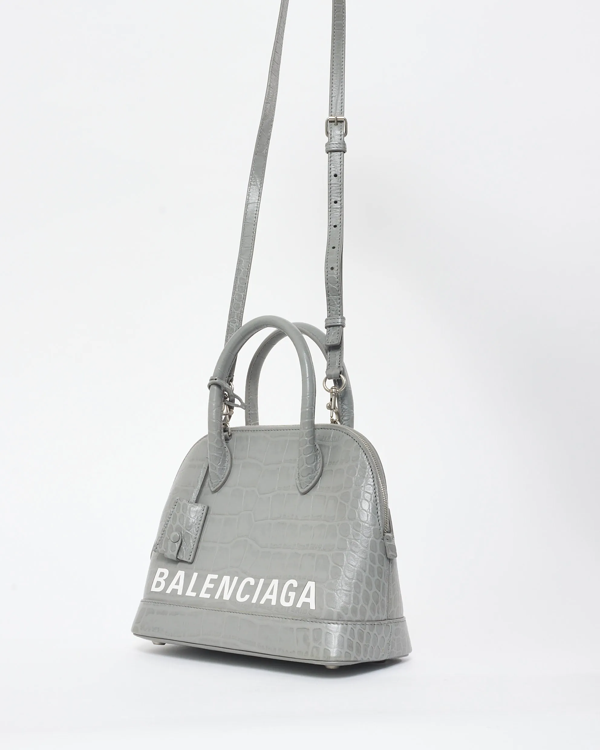 Balenciaga Light Grey Croc Embossed White Logo Ville Small Top Handle Bag