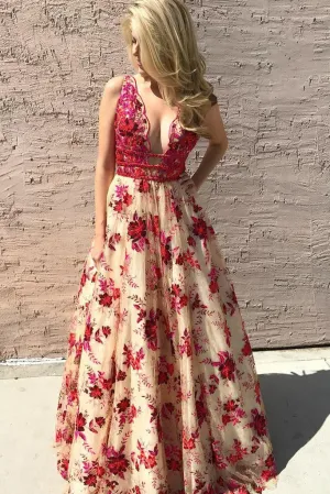 Beautiful V neck Beaded Long A-line Red Floral Prom Dresses OK911