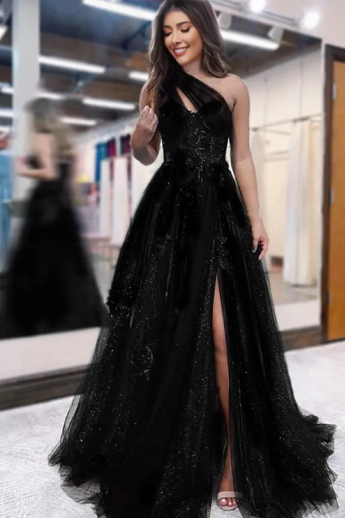 Black A-Line One-Shoulder Appliques Tulle Long Prom Dresses