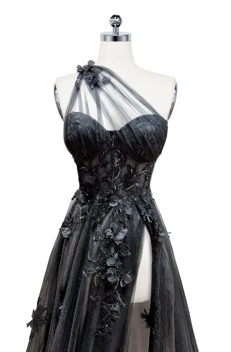 Black A-Line One-Shoulder Appliques Tulle Long Prom Dresses