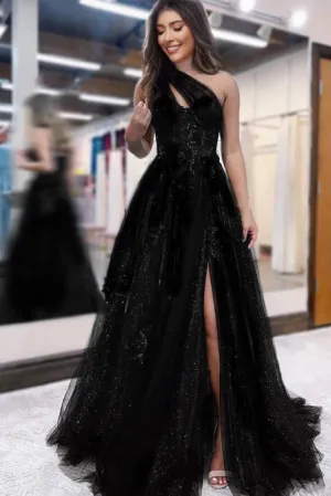 Black A-Line One-Shoulder Appliques Tulle Long Prom Dresses