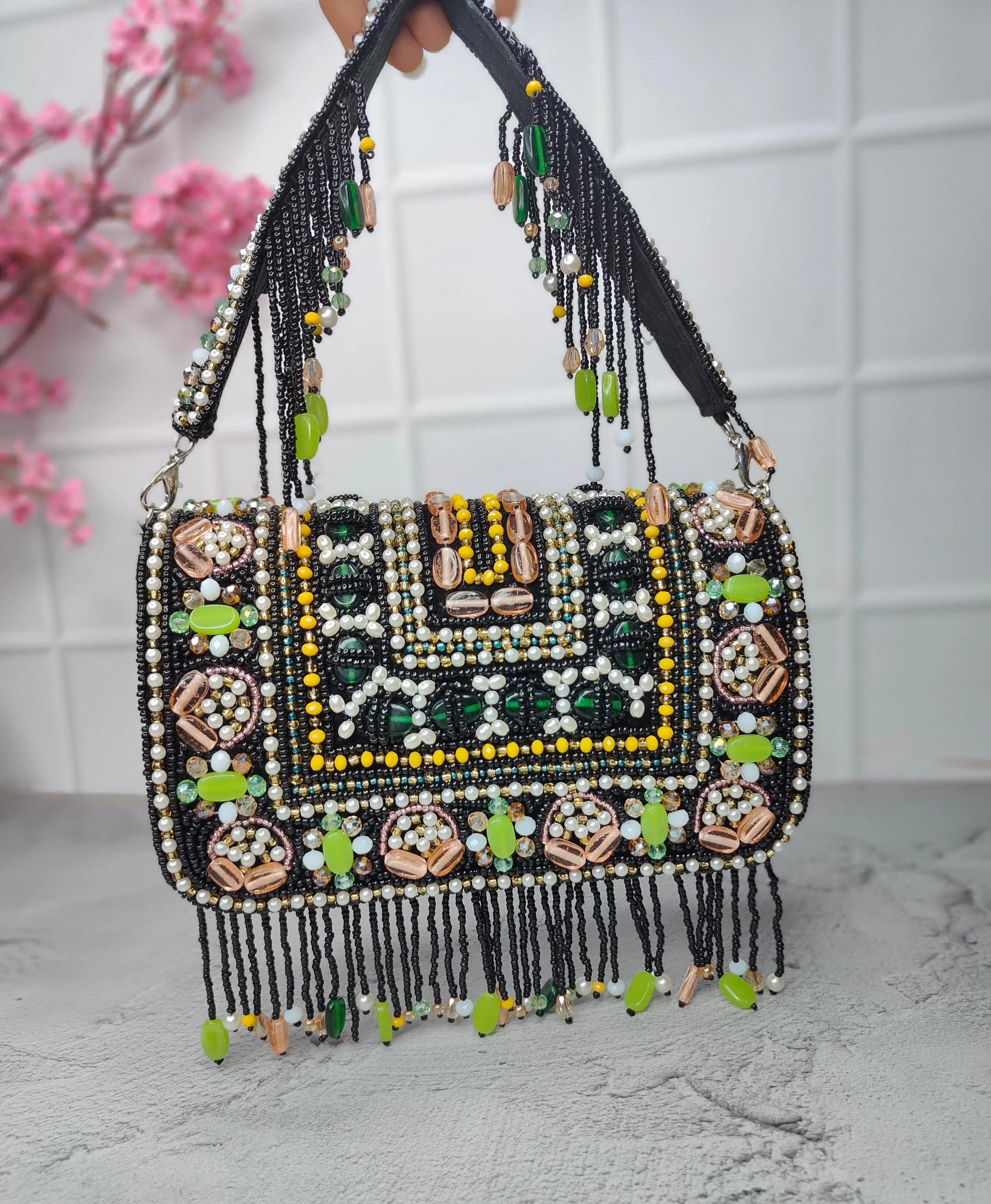Black beaded flap bags