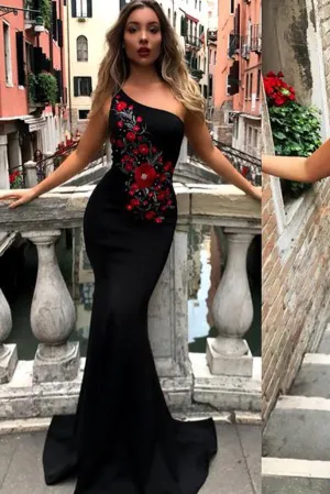 Black Mermaid One Shoulder Pretty Long Prom Dresses, Cheap Formal Dresses, MP127