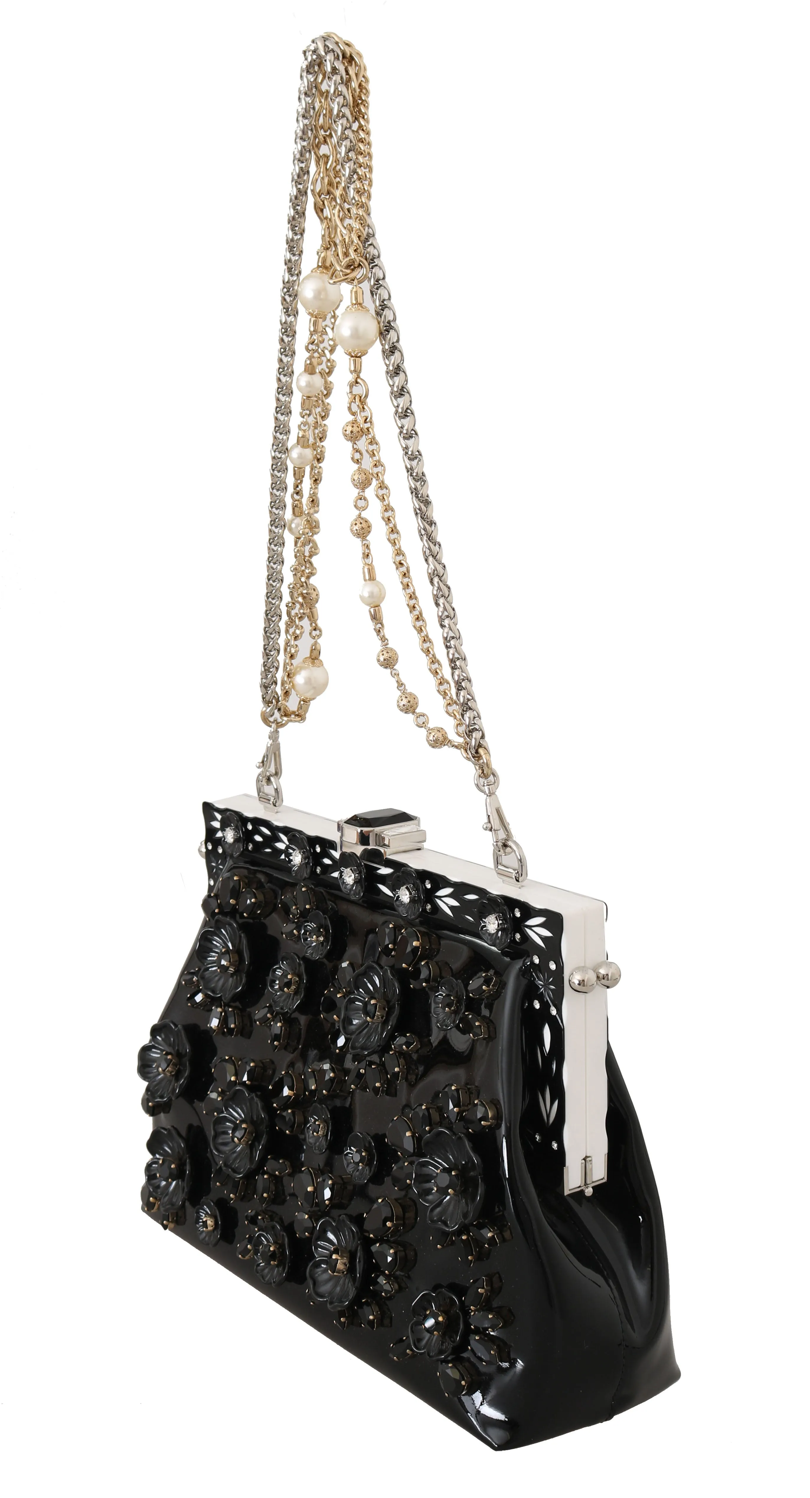 Black Patent VANDA Leather Floral Crystal Purse