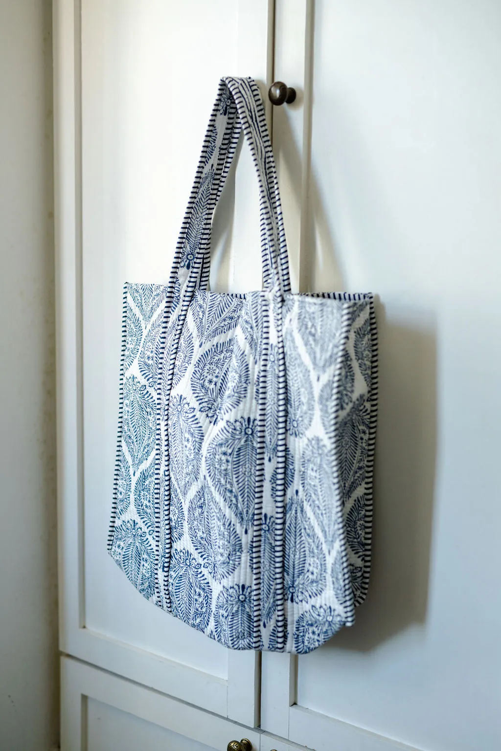 Blue and White Leaf Print Large Cotton Tote Bag