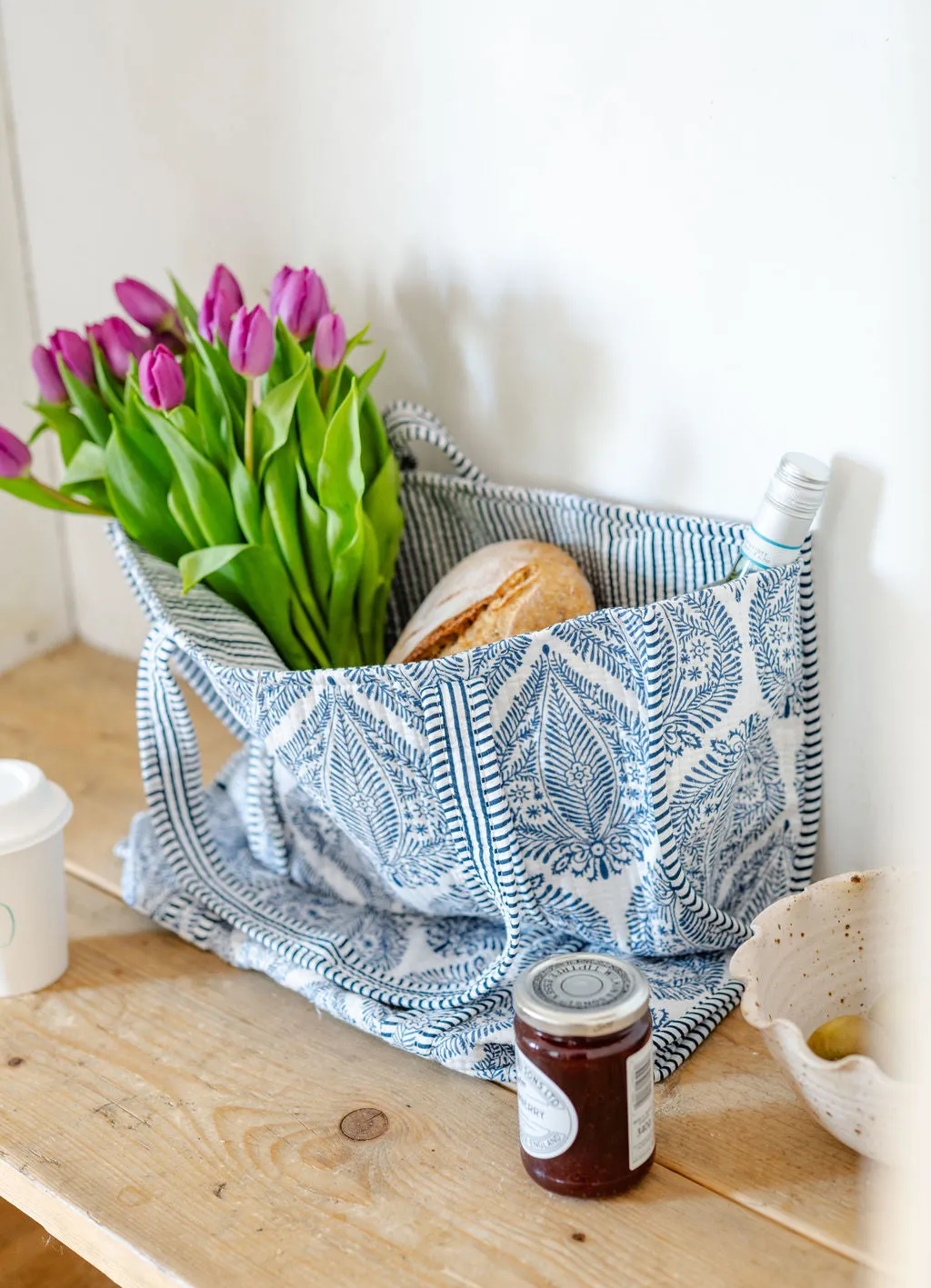 Blue and White Leaf Print Large Cotton Tote Bag