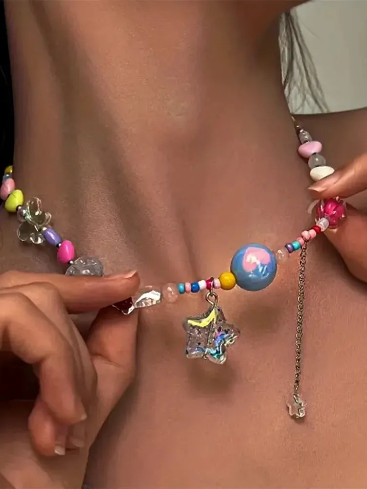 Boho Candy Star Beaded Chain Necklace - Colourful  Vacation Accessory