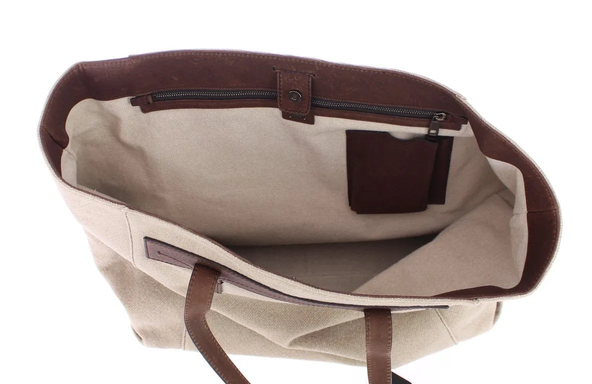 Brown Linen Leather Gym Travel Tote Bag