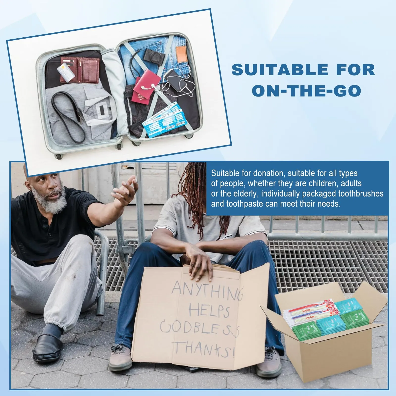 Bulk Hygiene Kits for Homeless,Disposable Toothbrushes with Toothpaste and Comb for Homeless Individually Wrapped，Basic Toiletry Kits Travel Size Shampoo And Body Wash For Hotel,Air Bnb Charity(100)