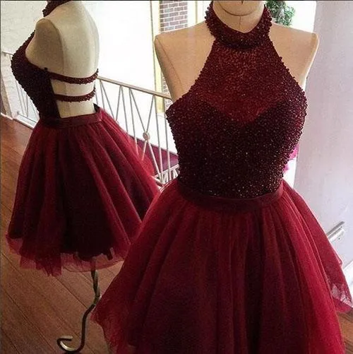 Burgundy A Line Halter Beaded Homecoming Dress, Short Prom dress, Party Dress, MH144