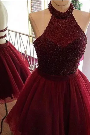 Burgundy A Line Halter Beaded Homecoming Dress, Short Prom dress, Party Dress, MH144