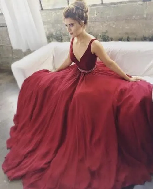 Burgundy V-neck Beaded A-line Long Prom Dresses, Cheap Formal Dresses, MP147
