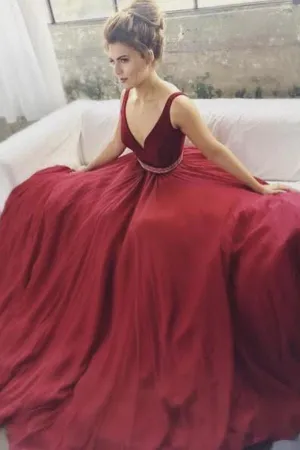 Burgundy V-neck Beaded A-line Long Prom Dresses, Cheap Formal Dresses, MP147