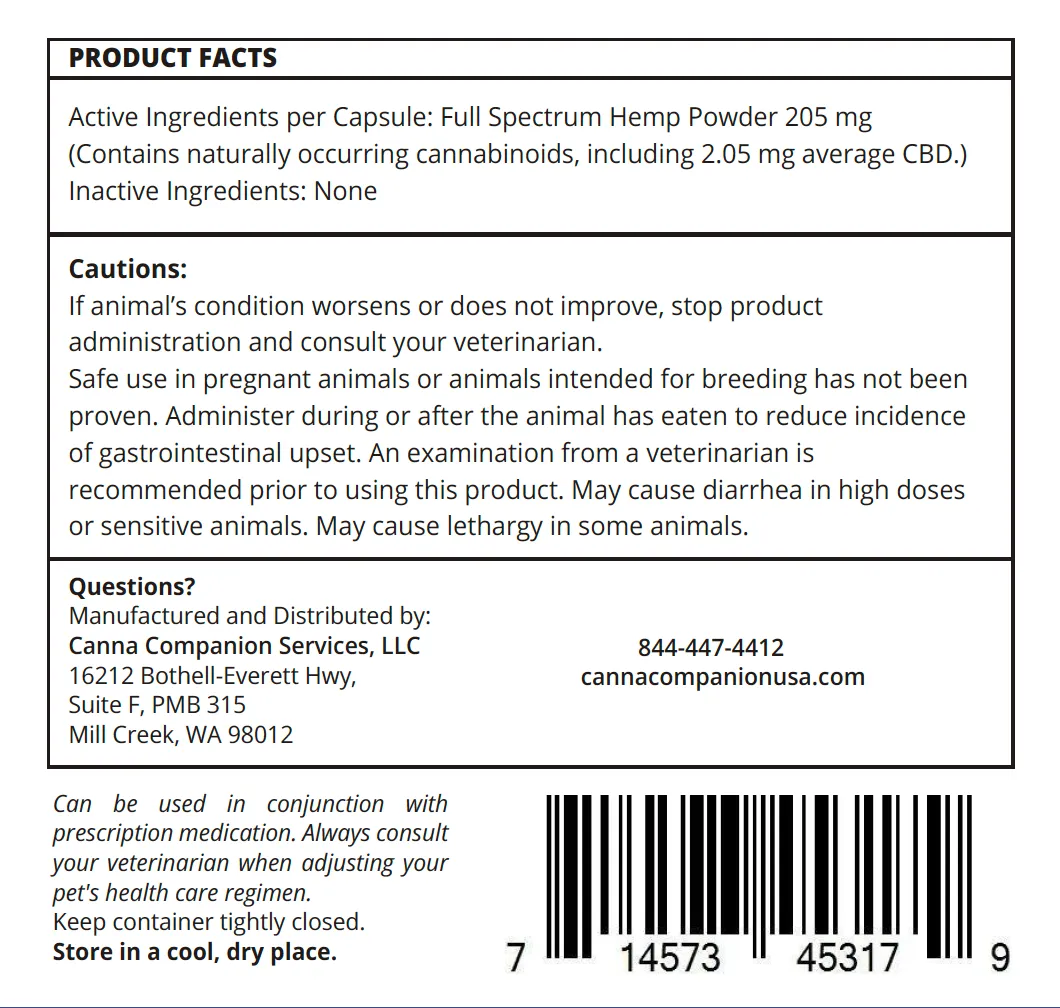 Canna Companion™ Hemp Supplement for Small Dogs - Joint/Regular Strength with additional CBDs for Joint Support