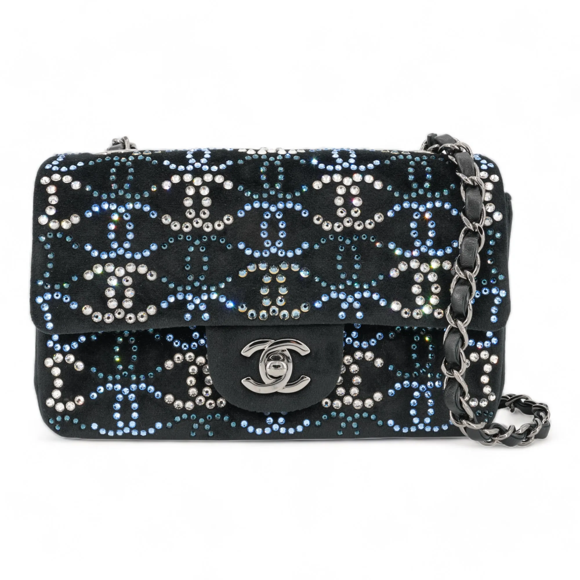 CC Strass Swarovski Crystal Black Velvet Classic Mini Rectangular Flap Bag