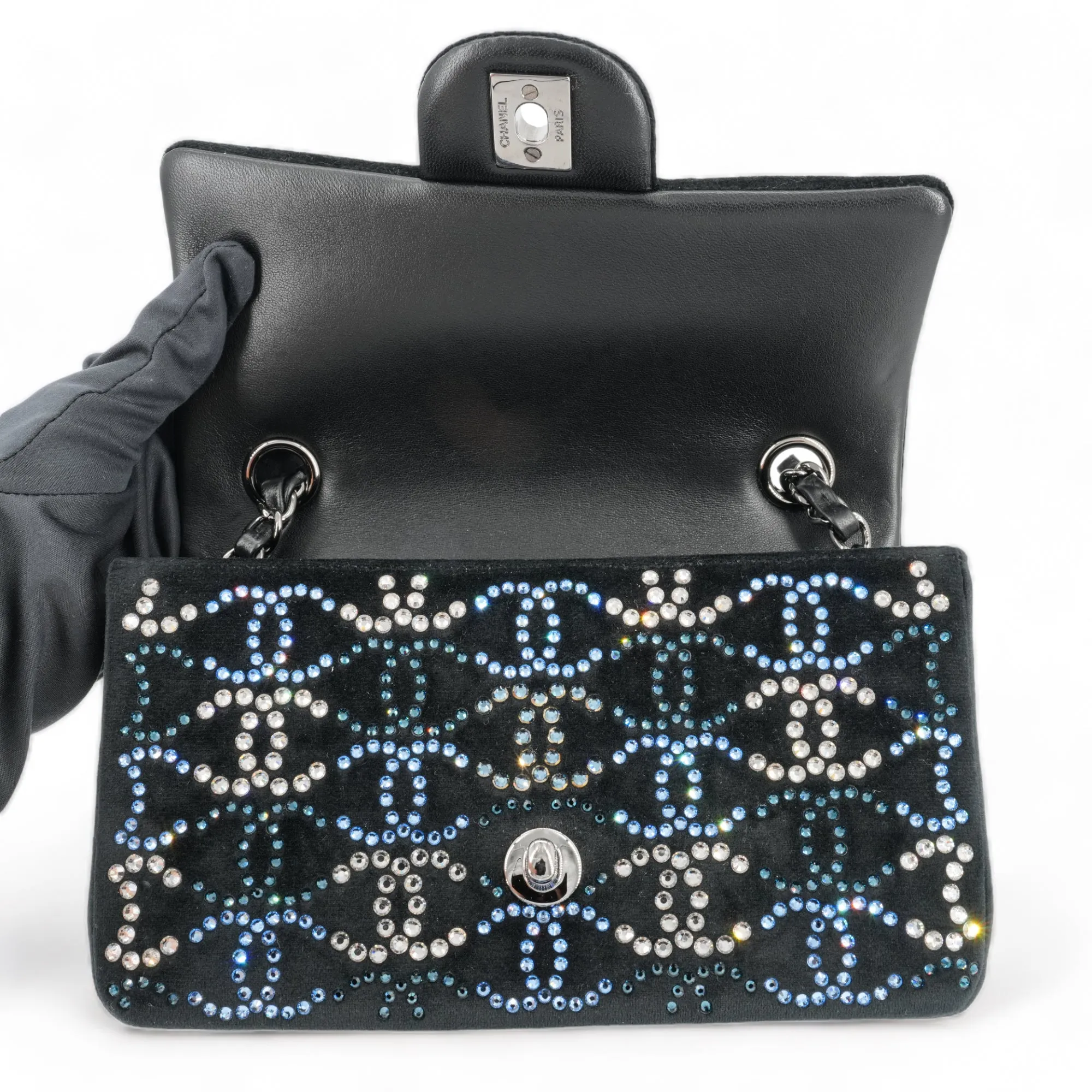 CC Strass Swarovski Crystal Black Velvet Classic Mini Rectangular Flap Bag