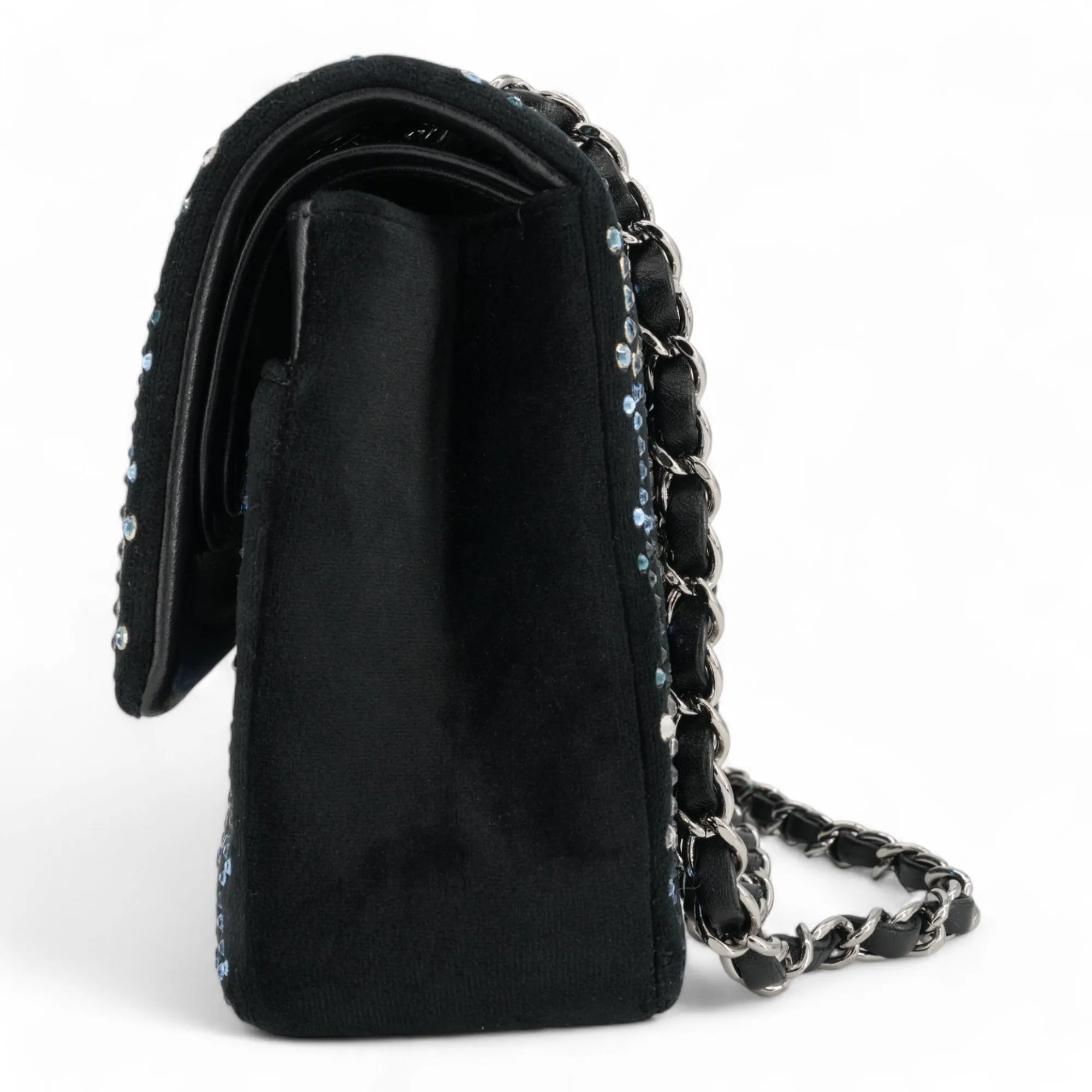 CC Strass Swarovski Crystal Black Velvet Medium Classic Double Flap Bag