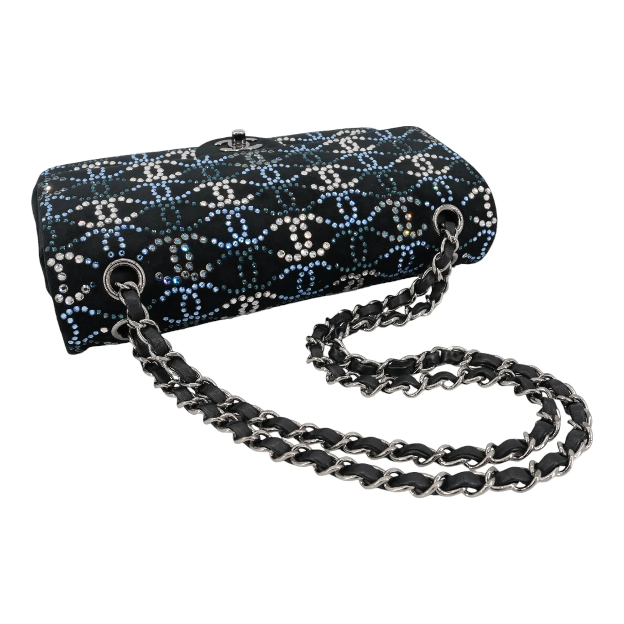 CC Strass Swarovski Crystal Black Velvet Medium Classic Double Flap Bag